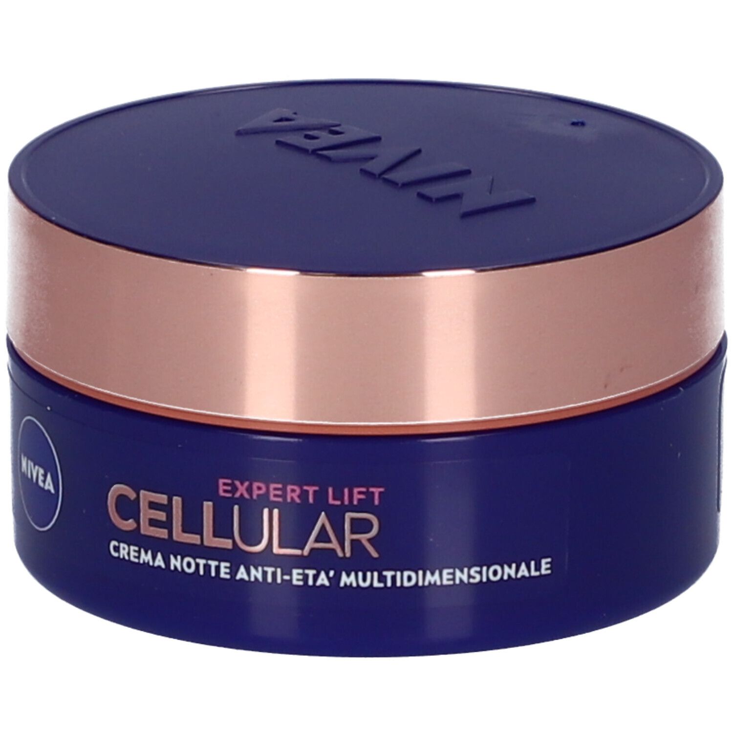 Vaso blu e oro. Scritta NIVEA. Denominazione del prodotto: EXPERT LIFT CELLULAR CREMA NOTTE ANTI-ETA' MULTIDIMENSIONALE.