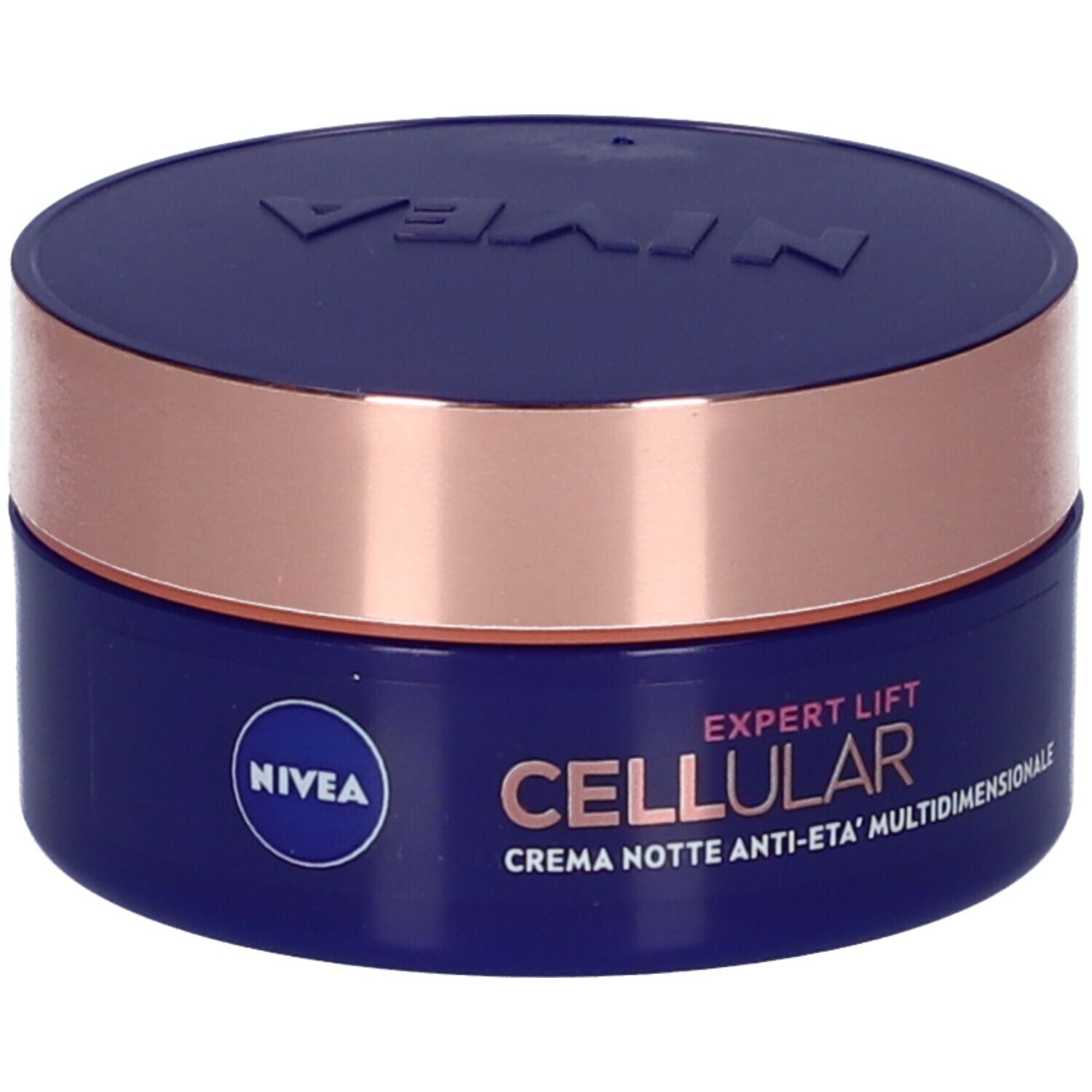 Vaso blu e oro. Scritta NIVEA. Denominazione del prodotto: EXPERT LIFT CELLULAR CREMA NOTTE ANTI-ETA' MULTIDIMENSIONALE.