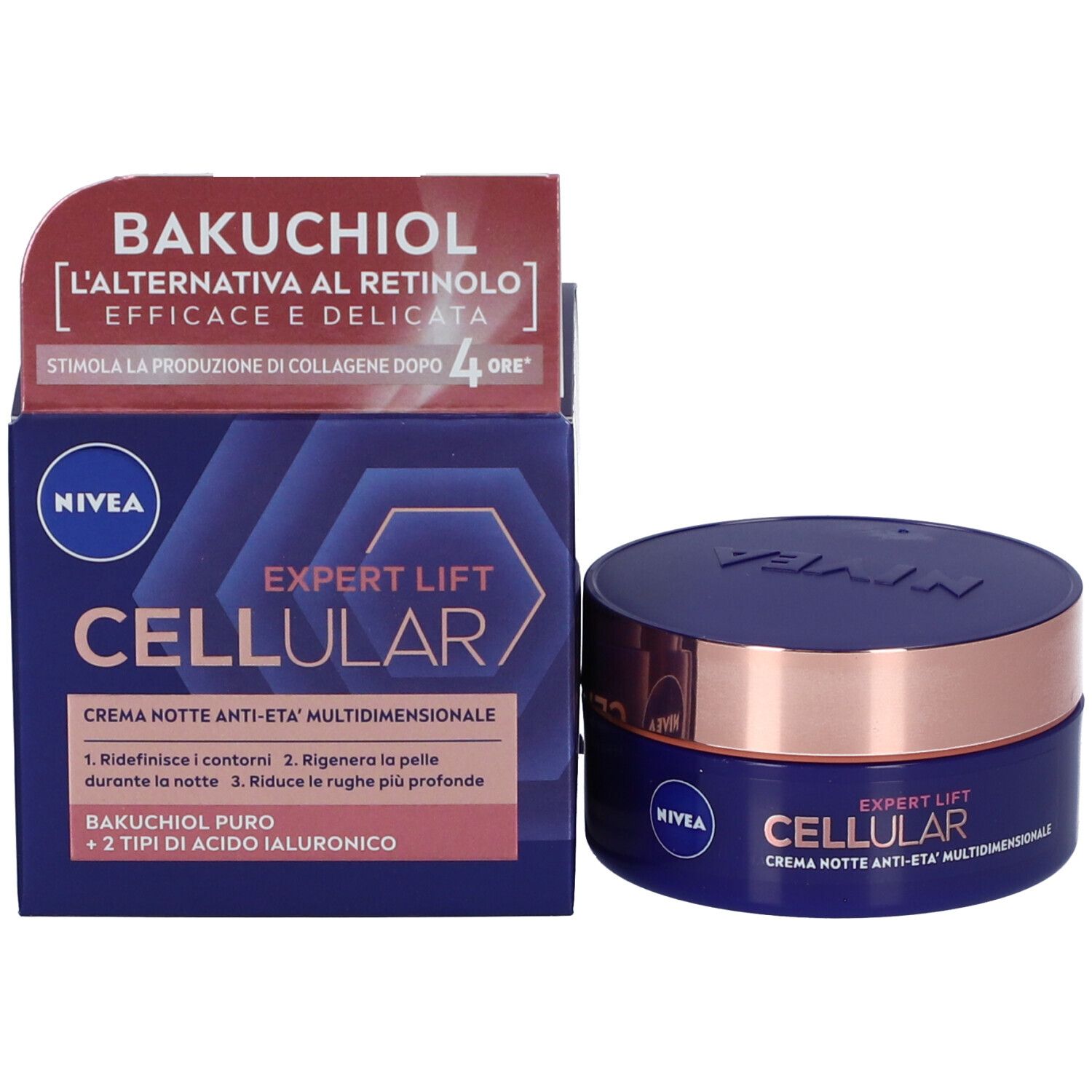 Confezione del prodotto con vaso e scatola. Sulla scatola: Bakuchiol, NIVEA, EXPERT LIFT CELLULAR, CREMA NOTTE ANTI-ETA'.