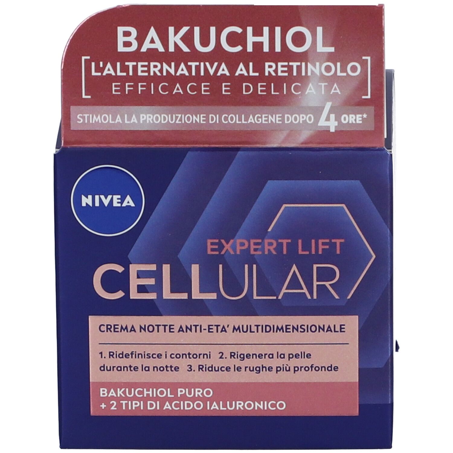 Confezione del prodotto con scatola. Sulla scatola: Bakuchiol, NIVEA, EXPERT LIFT CELLULAR, CREMA NOTTE ANTI-ETA'.