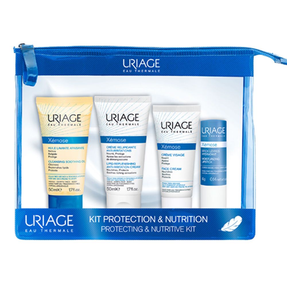 Kit Uriage Xémose in una trousse blu trasparente. Contiene crema, balsamo labbra e olio detergente. Scritta "Kit Protection & Nutrition".
