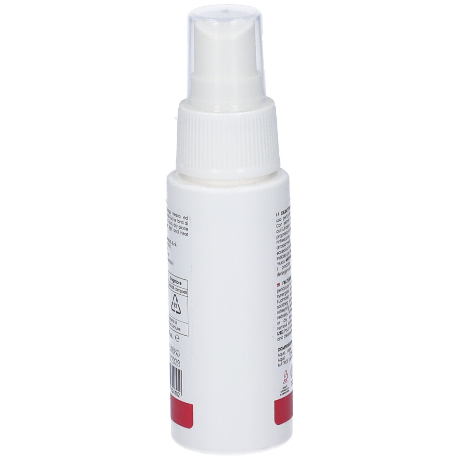 Flacone spray bianco con striscia rossa in basso. Vista laterale con testo. Tappo trasparente.