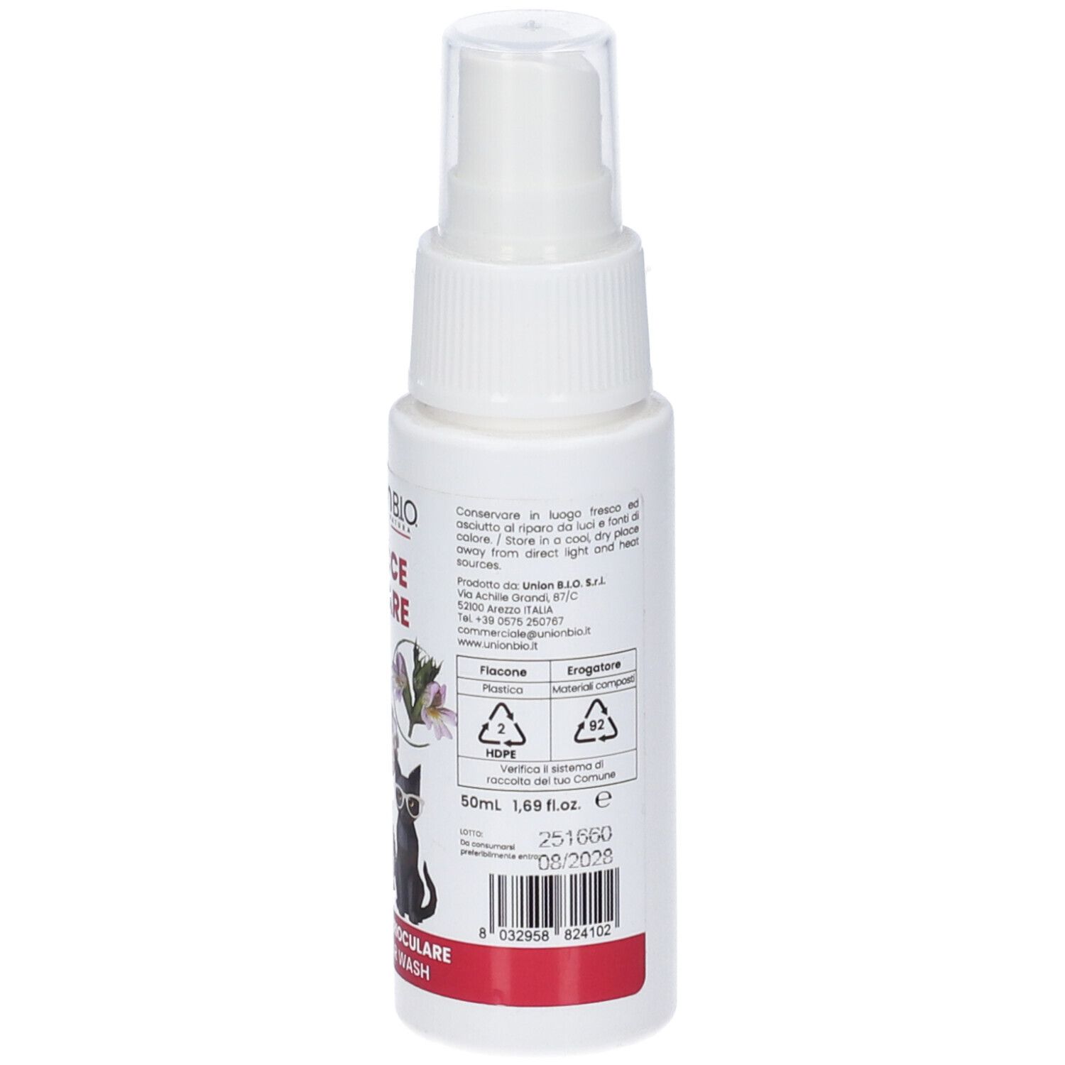 Flacone spray bianco con testo e illustrazioni. Striscia rossa in basso. Testo: Gocce Chiare, 50ml, data di scadenza.
