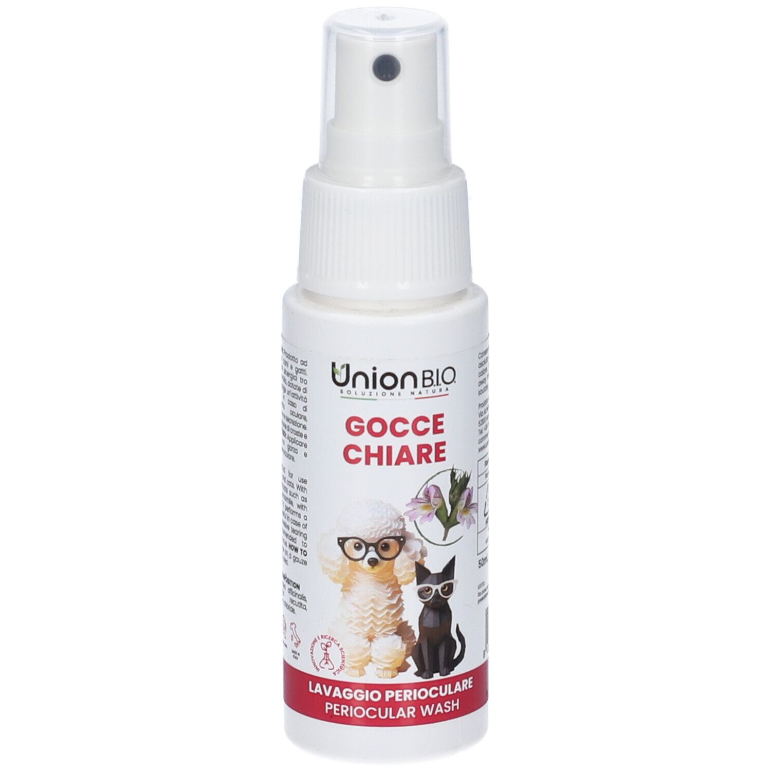 Flacone spray bianco con nome del prodotto e illustrazioni cane e gatto. Striscia rossa in basso. Testo: Gocce Chiare.