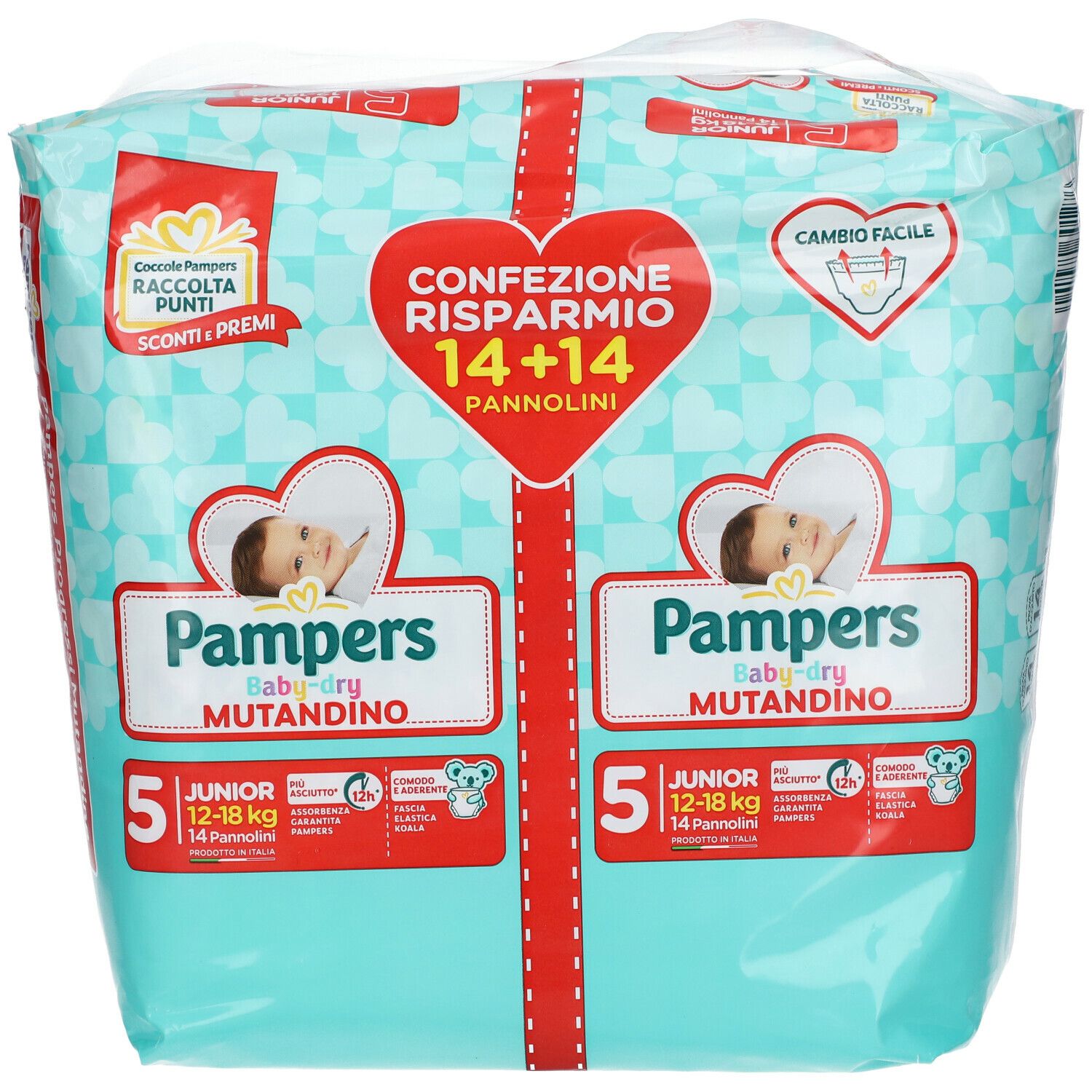 Confezione Pampers Baby-dry Mutandino 5. Scritto: 14+14, Junior 12-18 kg. Design azzurro con illustrazioni di bambini.
