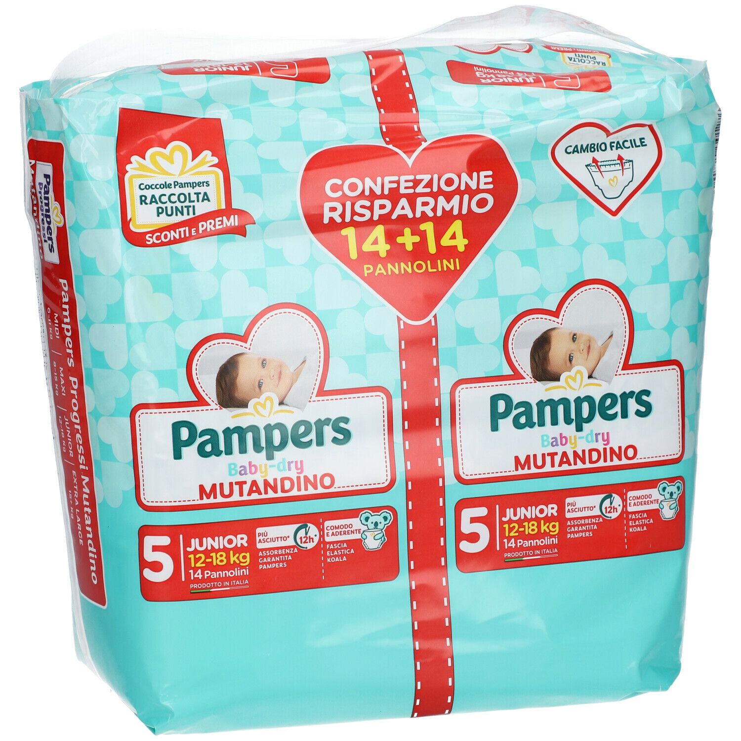 Confezione Pampers Baby-dry Mutandino 5. Scritto: 14+14, Junior 12-18 kg. Design azzurro con illustrazioni di bambini.