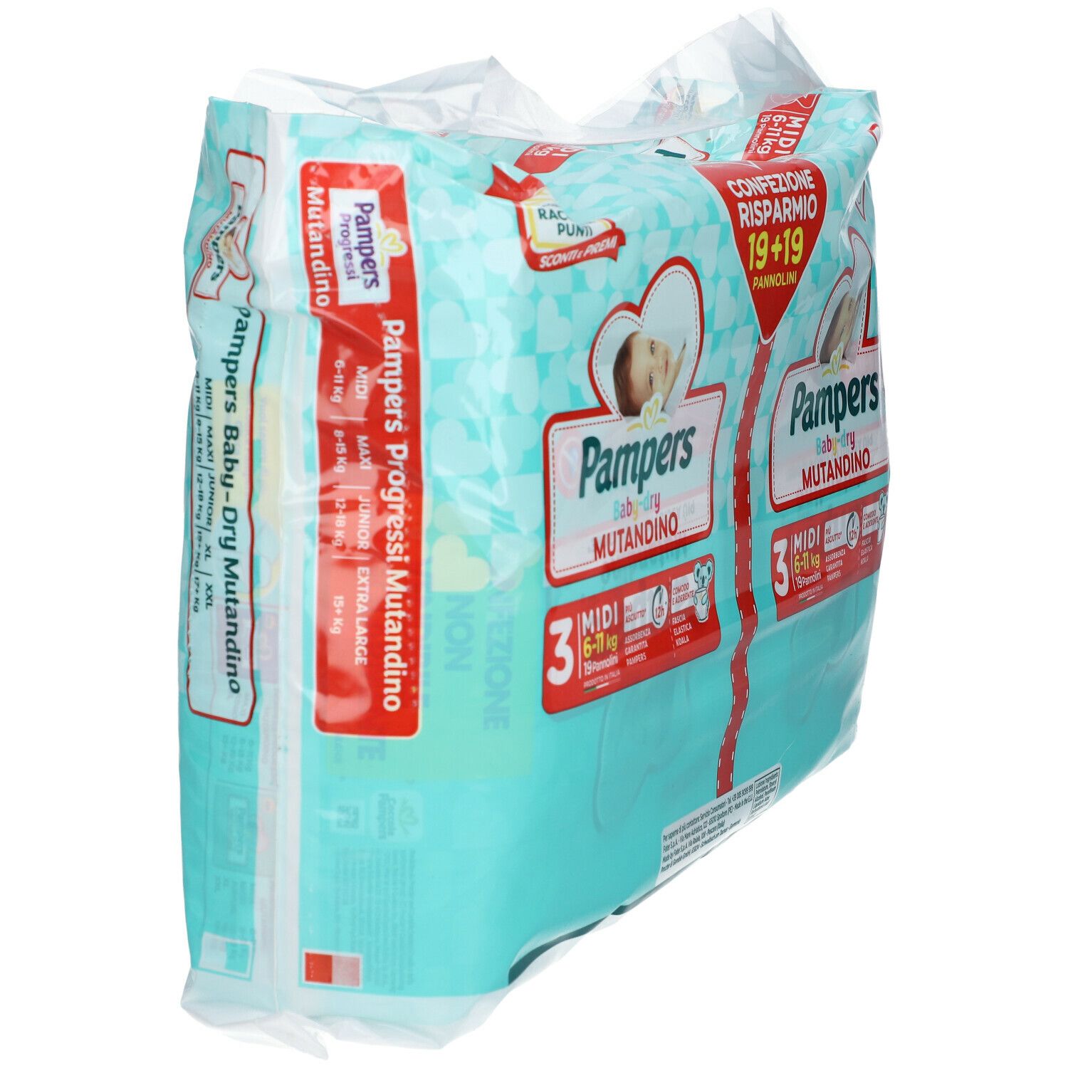 Confezione Pampers Baby-dry Mutandino 3, vista laterale. Confezione turchese con logo e indicazioni taglia.