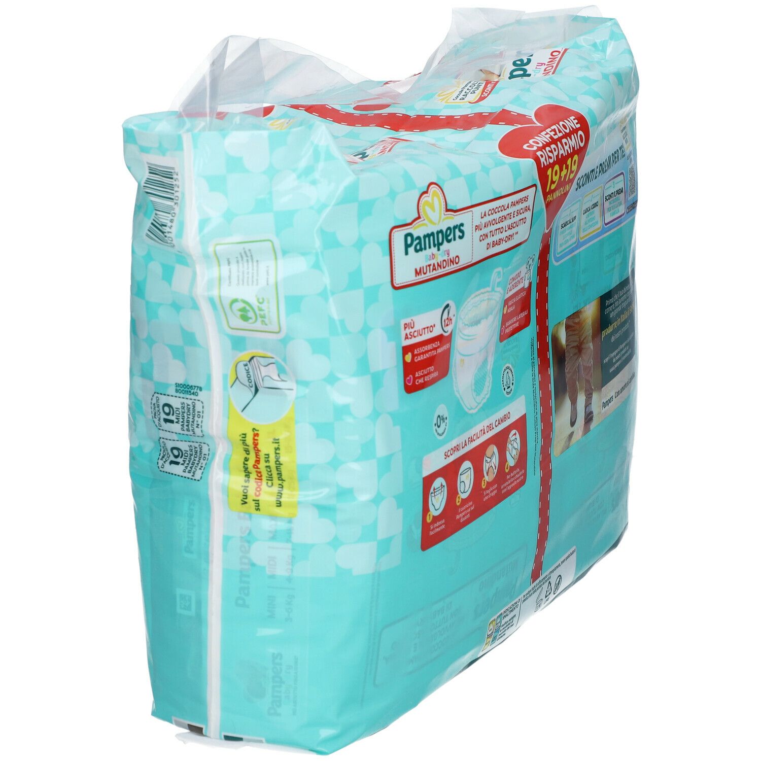Confezione Pampers Baby-dry Mutandino 3, vista obliqua. Confezione turchese con logo e testo.