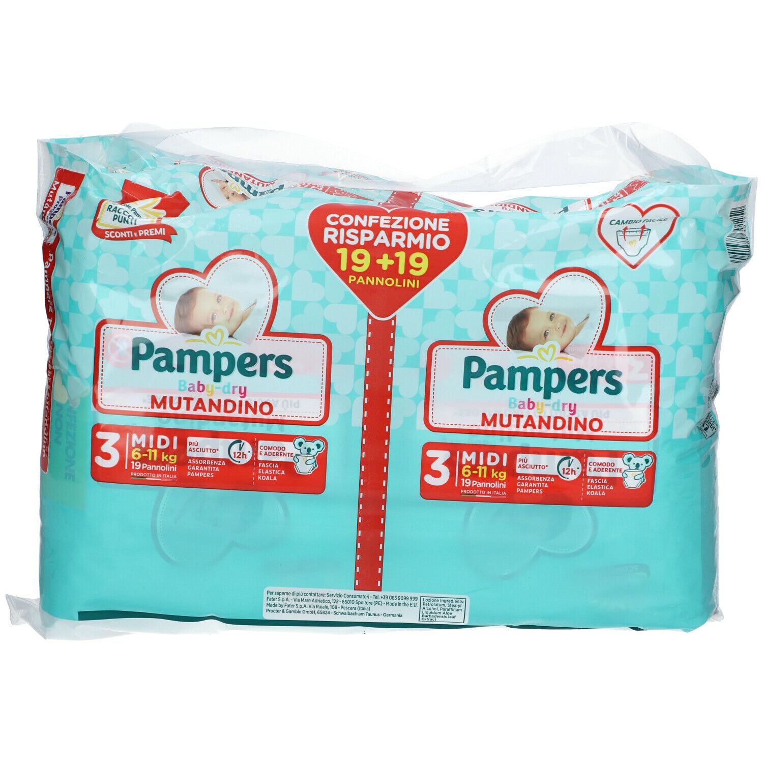 Confezione Pampers Baby-dry Mutandino 3, vista frontale. Confezione turchese con logo e immagine del prodotto.