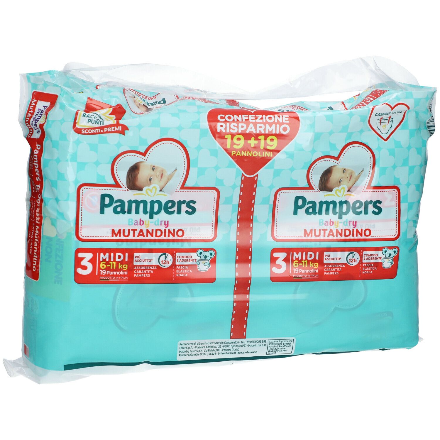 Confezione Pampers Baby-dry Mutandino 3, vista frontale. Confezione turchese con logo e immagine del prodotto.