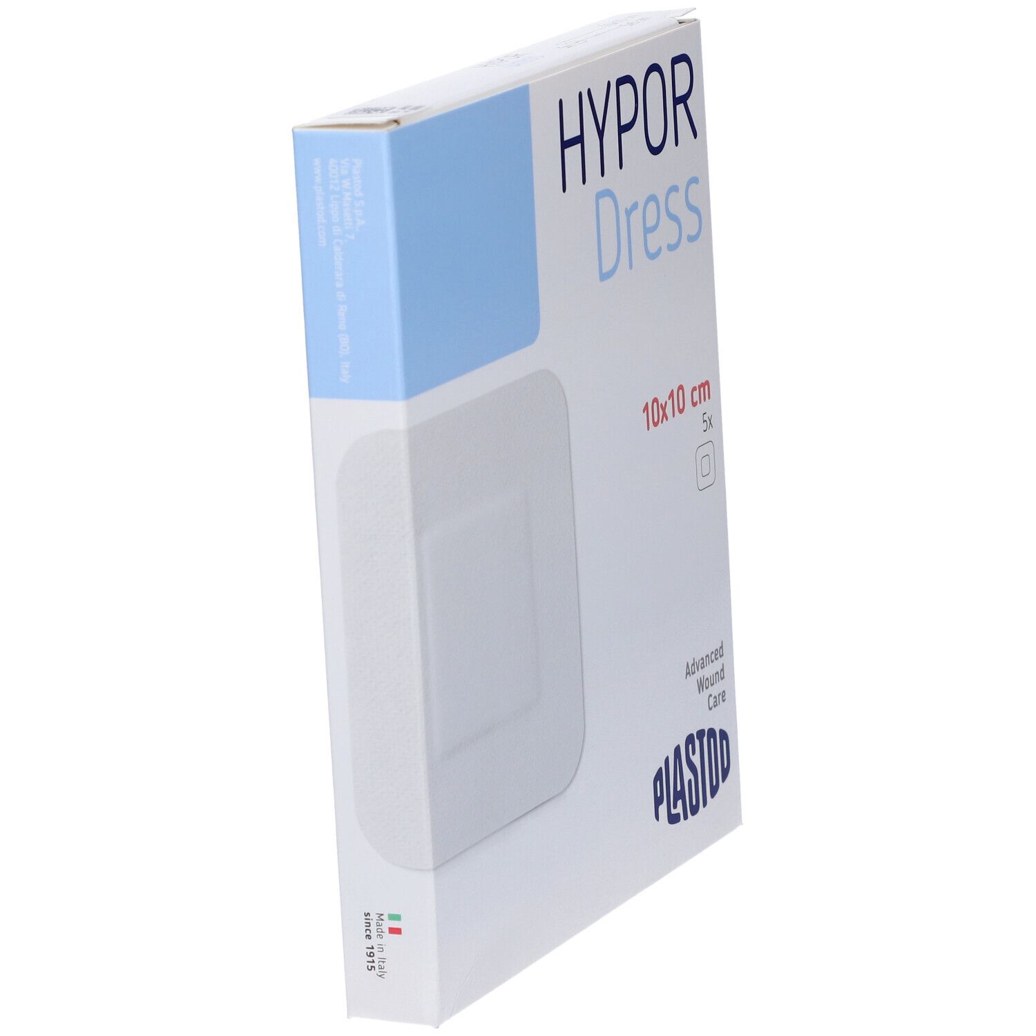 Scatola HYPOR Dress 10x10 cm, 5 pezzi. Marchio PLASTOD. Confezione bianca con accento blu, in diagonale.