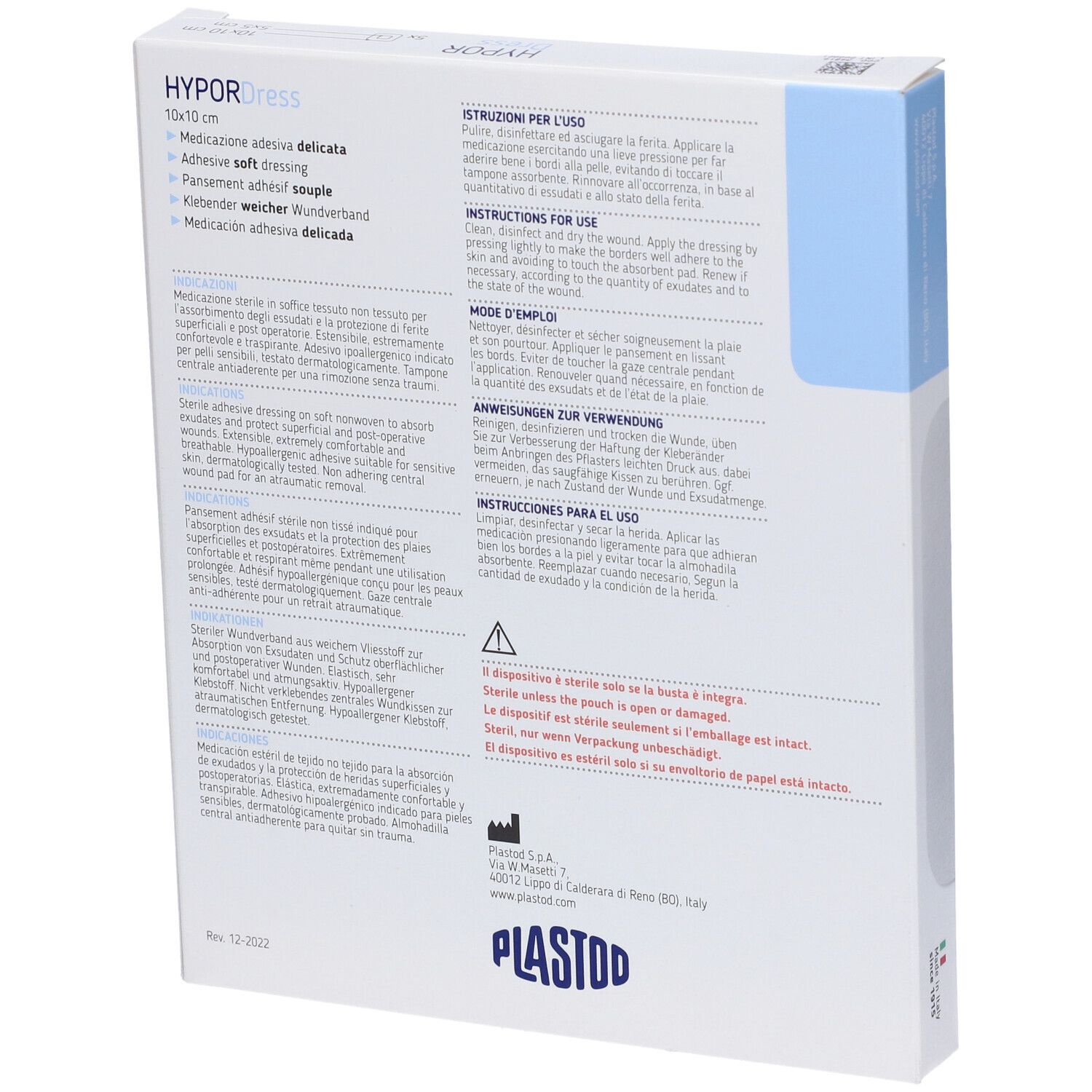 Retro della confezione HYPOR Dress. Testo multilingue. Marchio PLASTOD.
