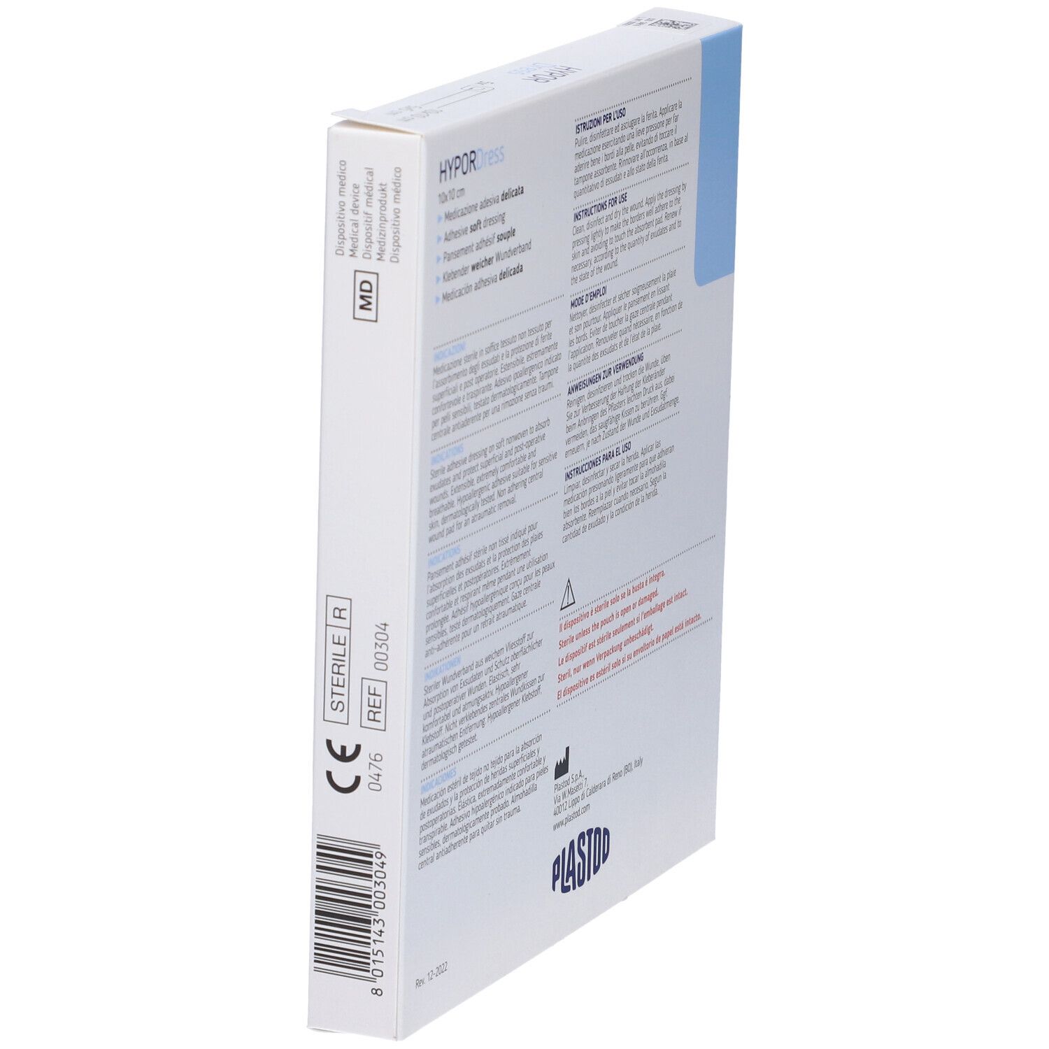 Lato della confezione HYPOR Dress. Testo e loghi. Marchio PLASTOD. Marchio CE.