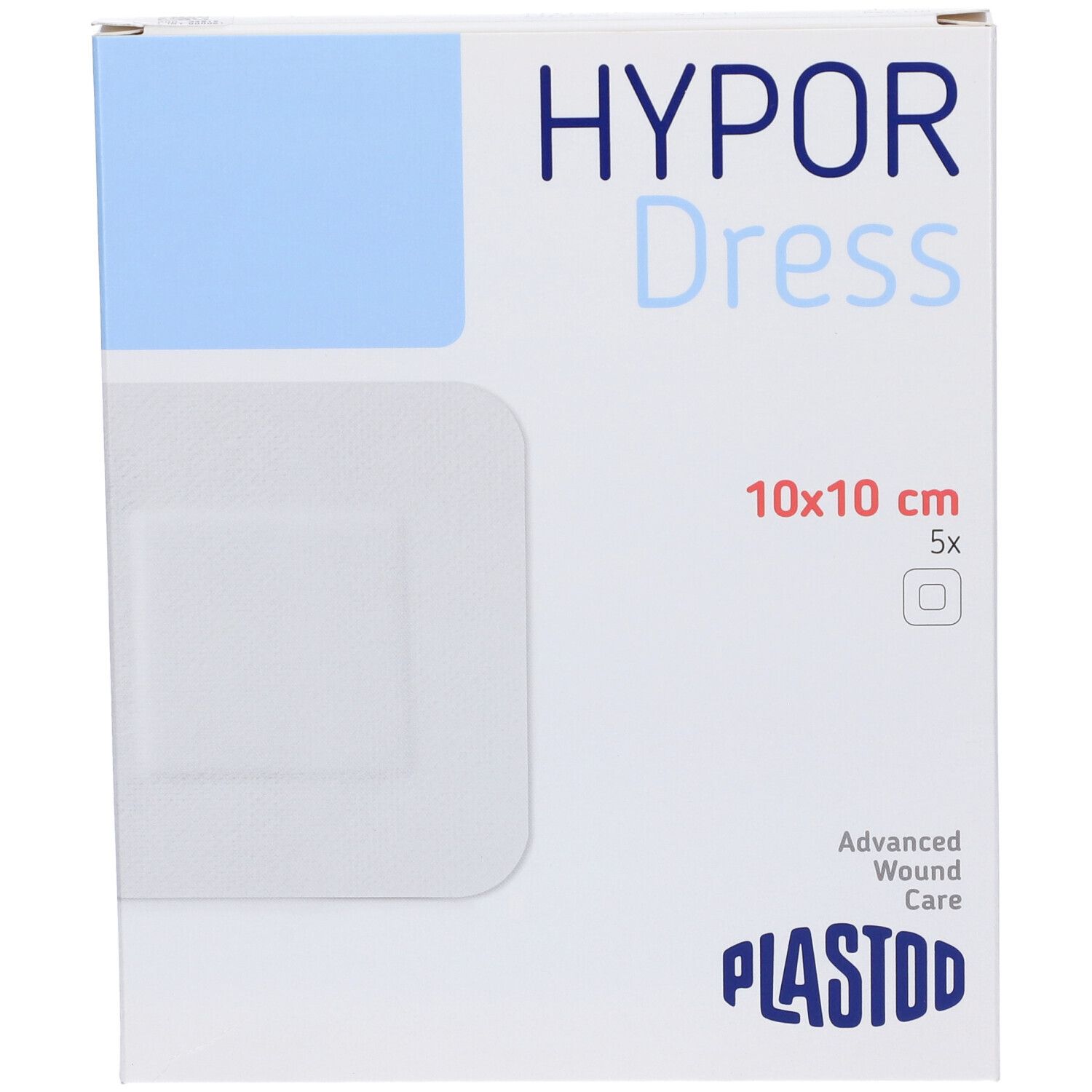 Confezione di HYPOR Dress 10x10 cm, 5 pezzi. Marchio PLASTOD. Scatola bianca con accento blu.