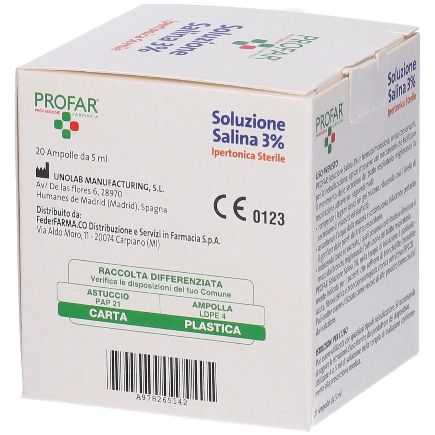 Lato della confezione del prodotto. Testo in italiano. Contiene informazioni sul produttore e istruzioni per il riciclaggio.