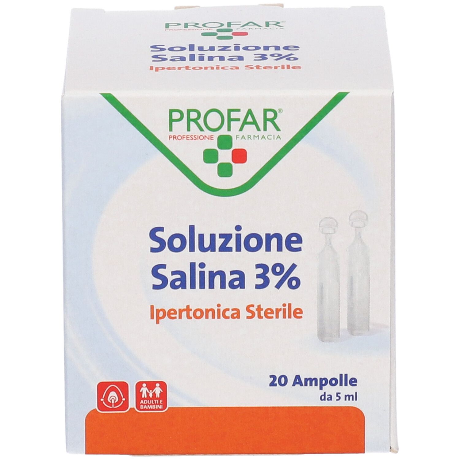 Scatola bianca con stampa del prodotto. Contiene 20 fiale. Scritta: Profar Soluzione Salina 3% Ipertonica Sterile.