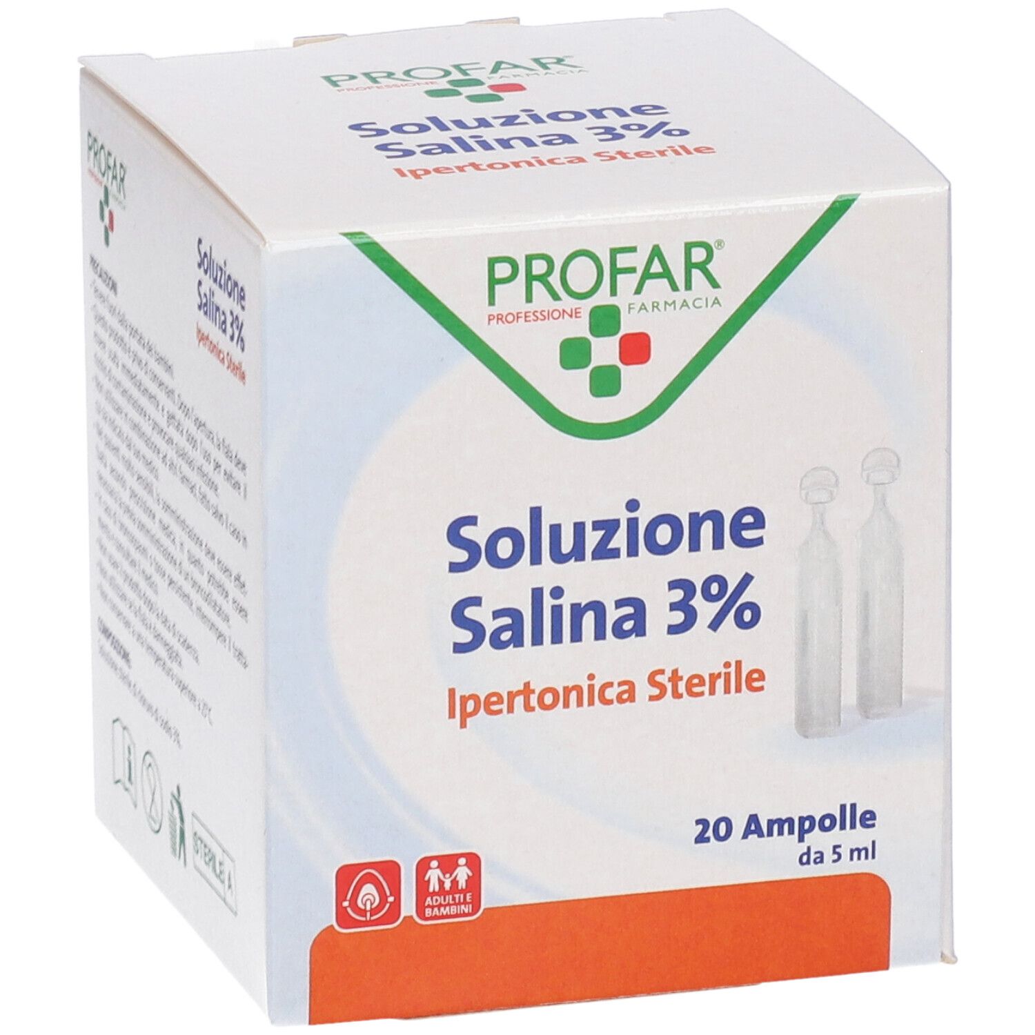 Scatola bianca con stampa del prodotto. Contiene 20 fiale. Scritta: Profar Soluzione Salina 3% Ipertonica Sterile.