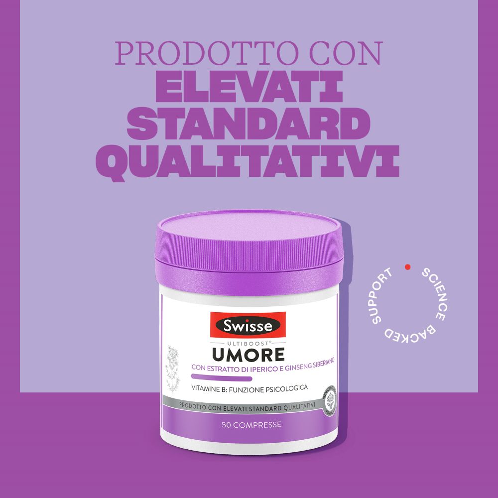 Barattolo Swisse Umore da 50 compresse, con sigillo 'Premium Quality Formula'.
