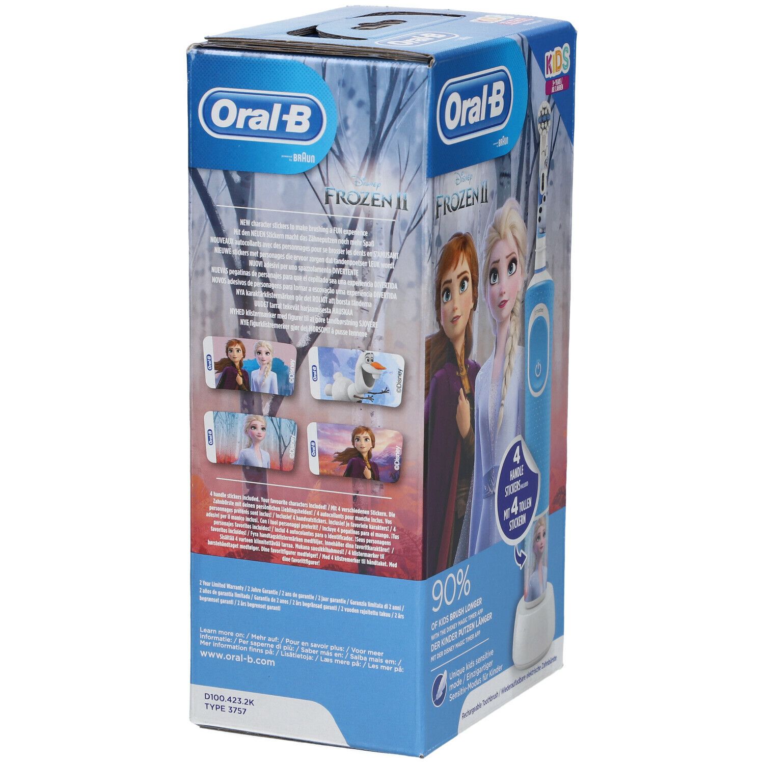 Confezione spazzolino Frozen. Spazzolino blu, Elsa e Anna. Adesivi inclusi. Logo Oral-B.