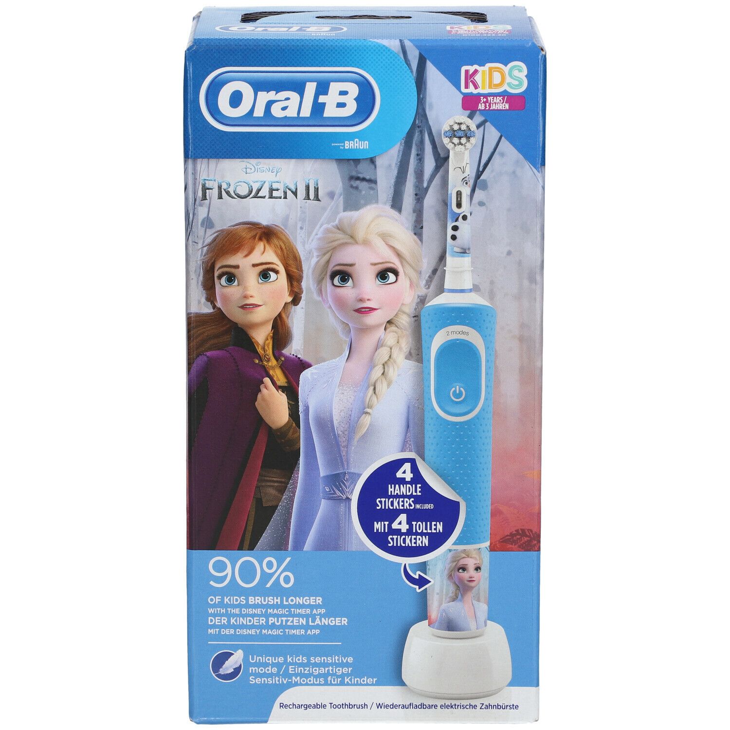 Spazzolino Frozen, confezionato. Spazzolino blu, Elsa e Anna. Adesivi inclusi. Logo Oral-B.