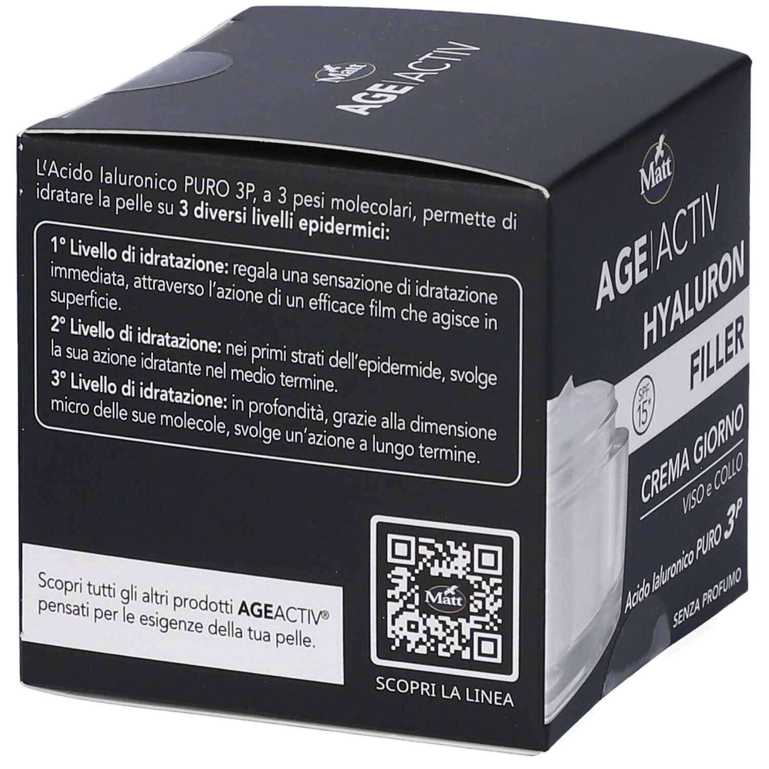 Retro della confezione Matt AGE|ACTIV Hyaluron Filler Crema Giorno con istruzioni.