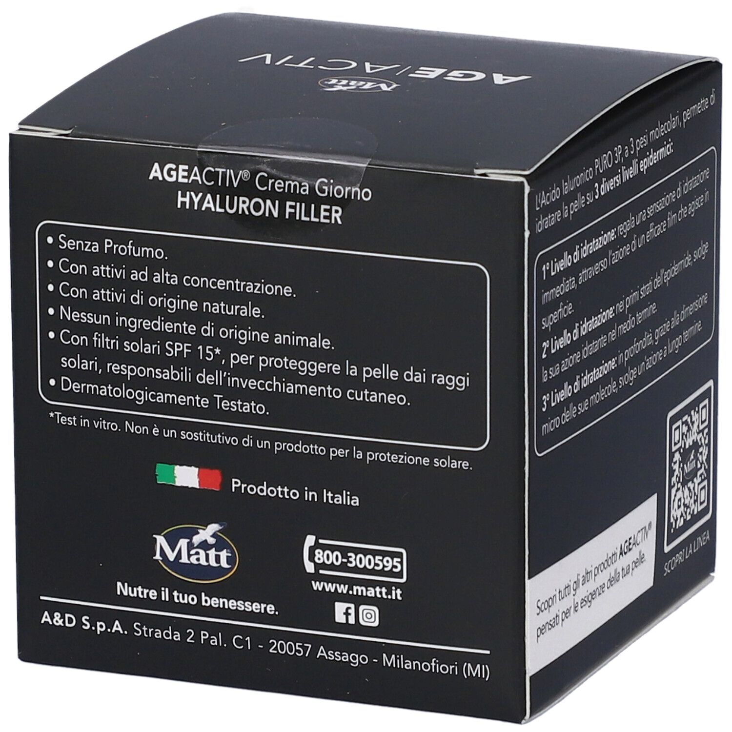 Vista laterale della confezione Matt AGE|ACTIV Hyaluron Filler Crema Giorno con informazioni.