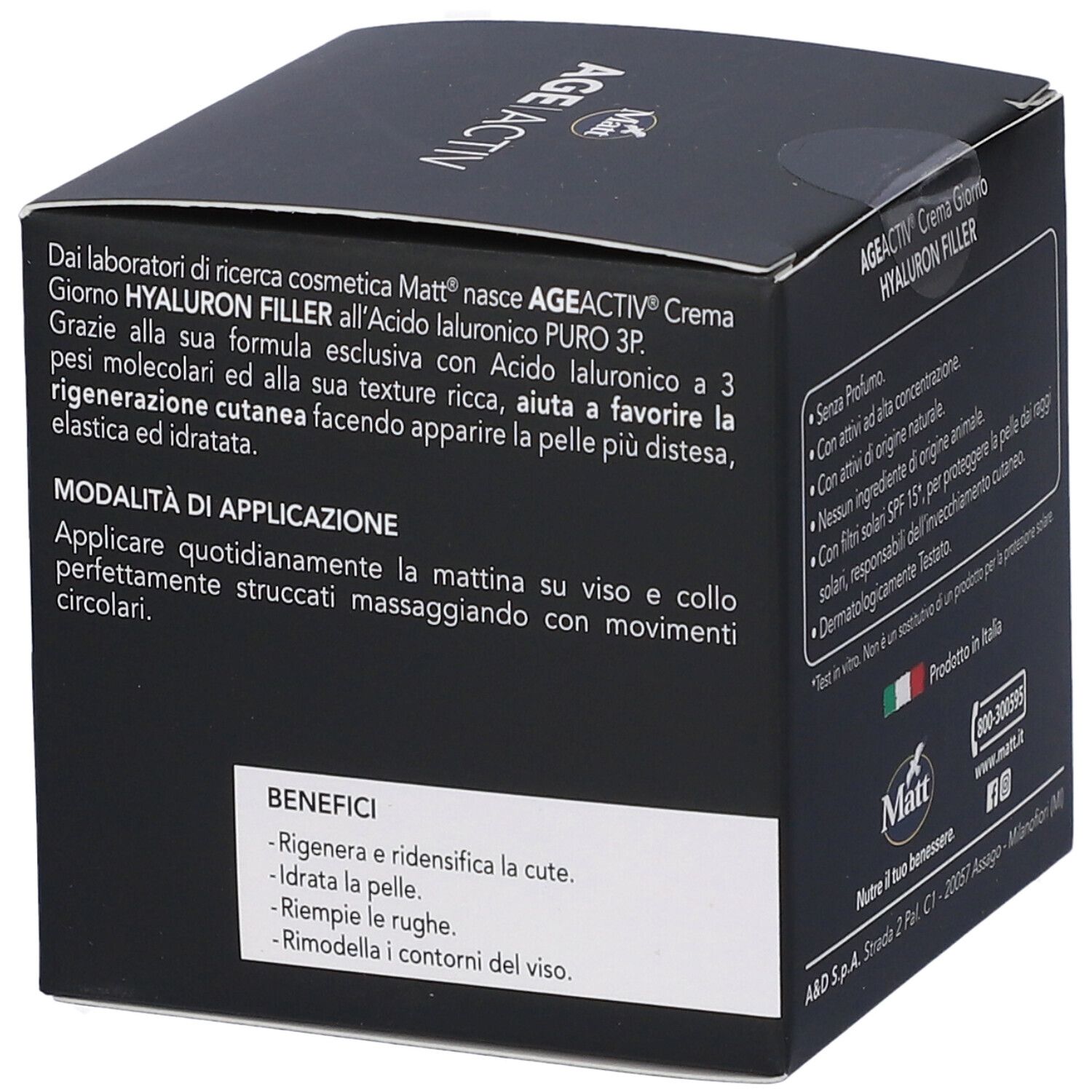 Vista laterale della confezione Matt AGE|ACTIV Hyaluron Filler Crema Giorno con benefici e applicazione.