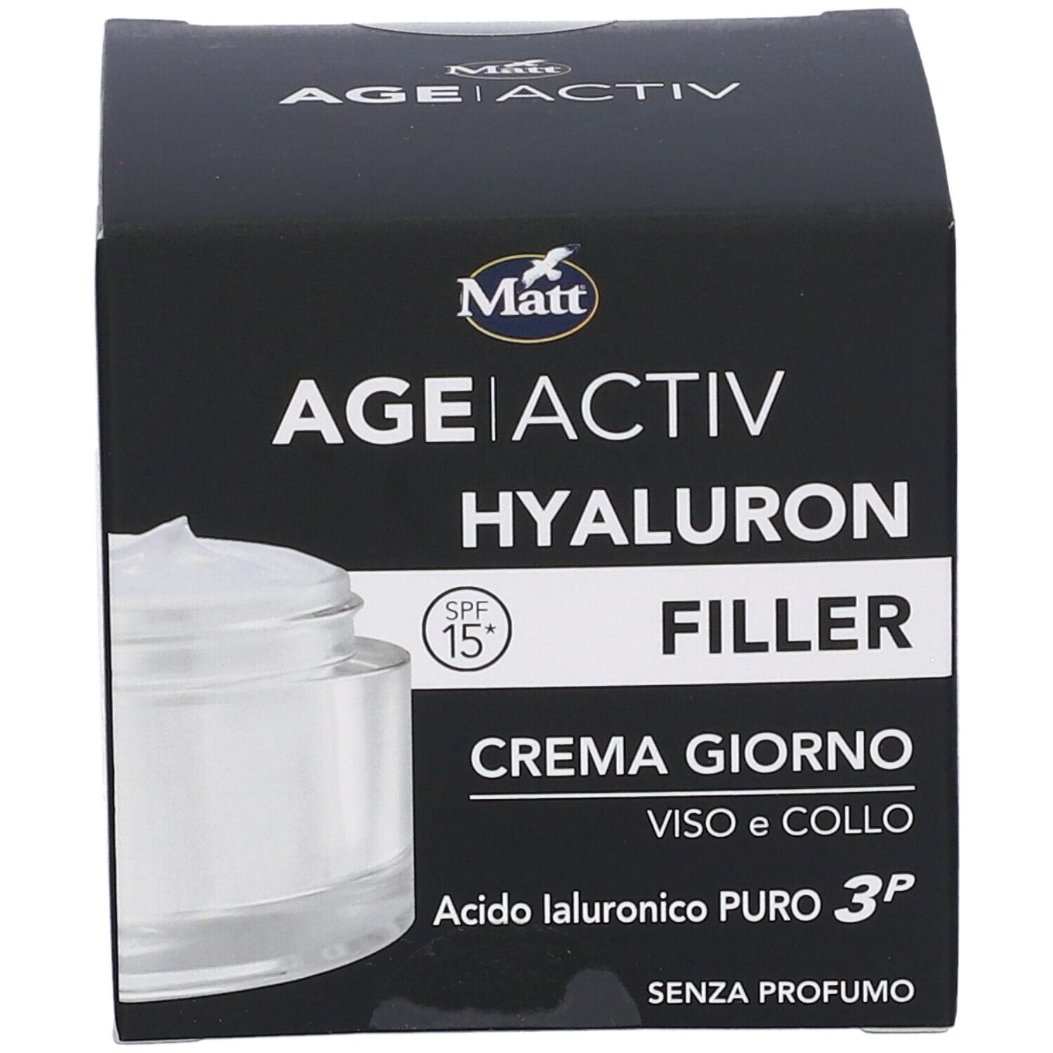 Matt AGE|ACTIV Hyaluron Filler Crema Giorno SPF 15. Per viso e collo. Vasetto in vetro visibile.