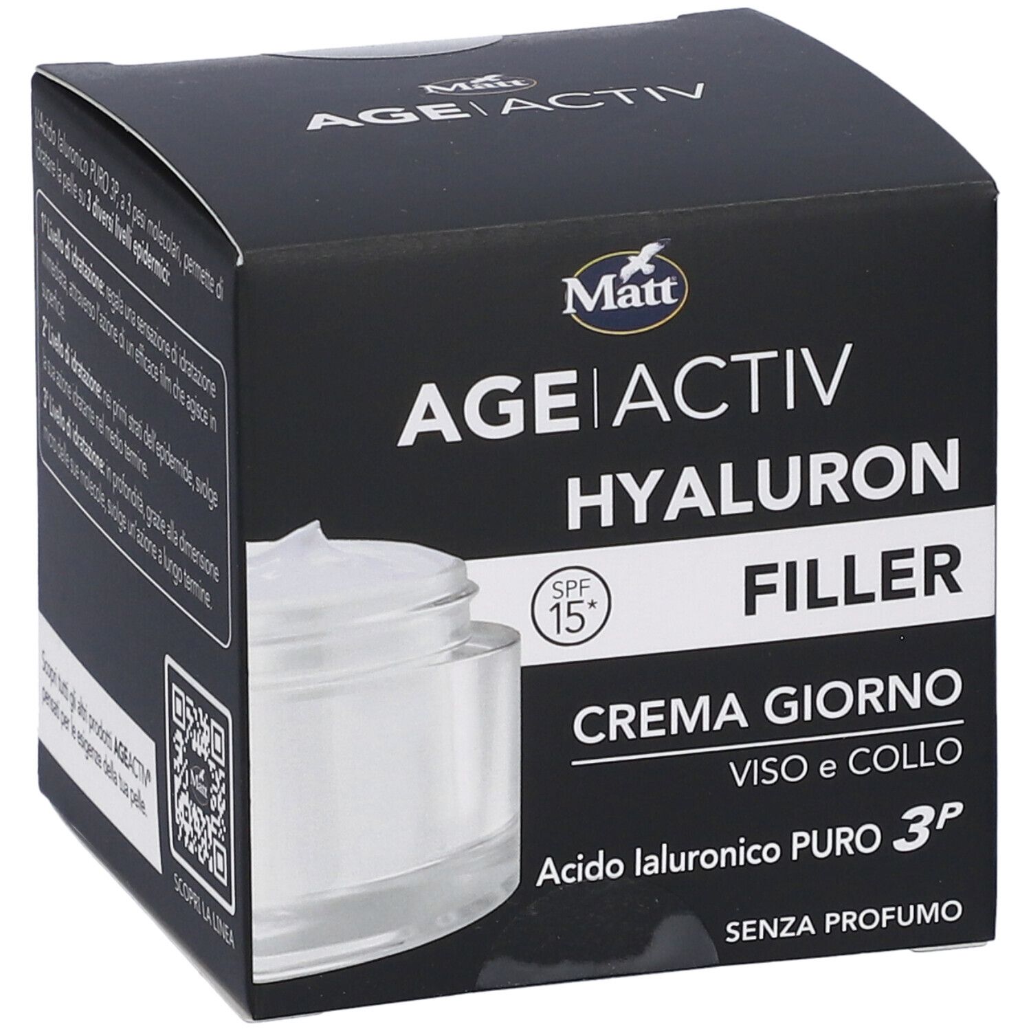 Matt AGE|ACTIV Hyaluron Filler Crema Giorno SPF 15. Per viso e collo. Confezione e vasetto in vetro.