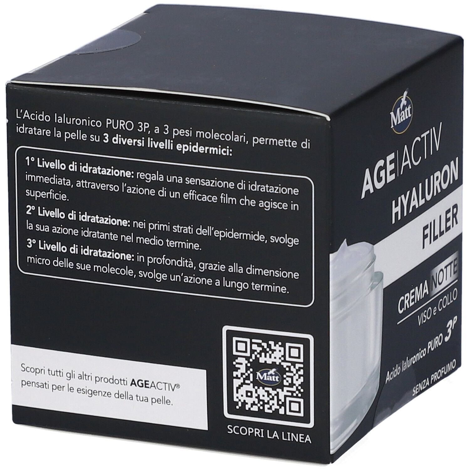 Retro della confezione Matt Age Activ Hyaluron Filler Crema Notte con istruzioni per l'uso.