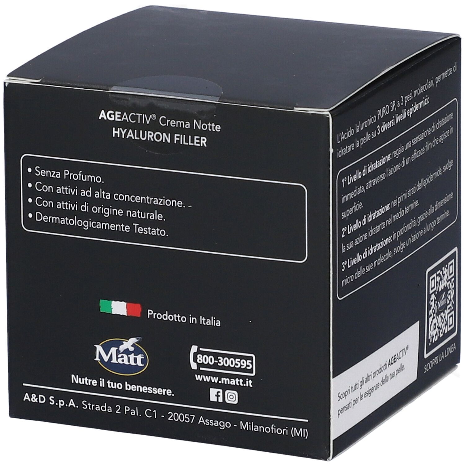 Vista laterale della confezione Matt Age Activ Hyaluron Filler Crema Notte con informazioni sul prodotto.