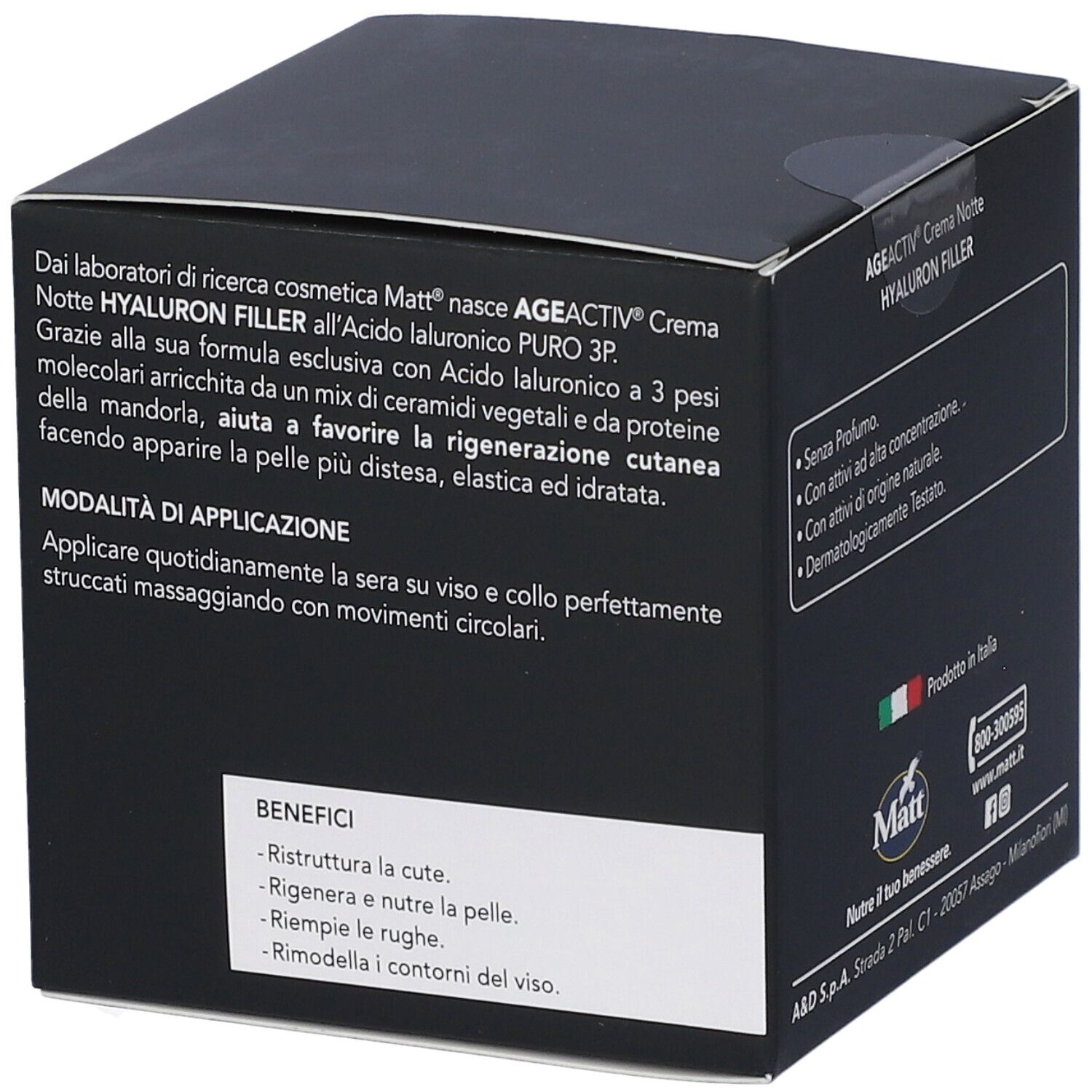 Confezione Matt Age Activ Hyaluron Filler Crema Notte con benefici e istruzioni per l'uso.