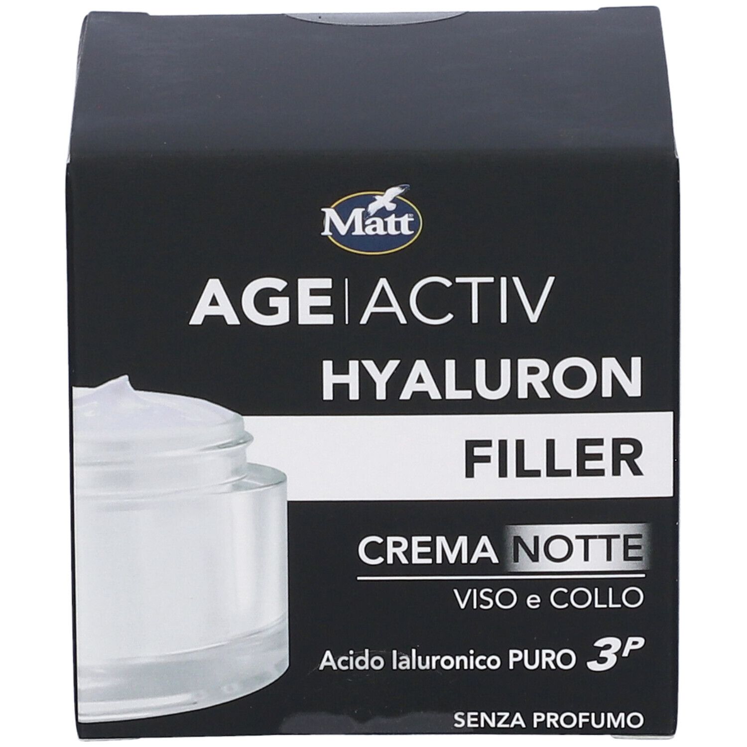Confezione Matt Age Activ Hyaluron Filler Crema Notte con illustrazione del prodotto e testo.
