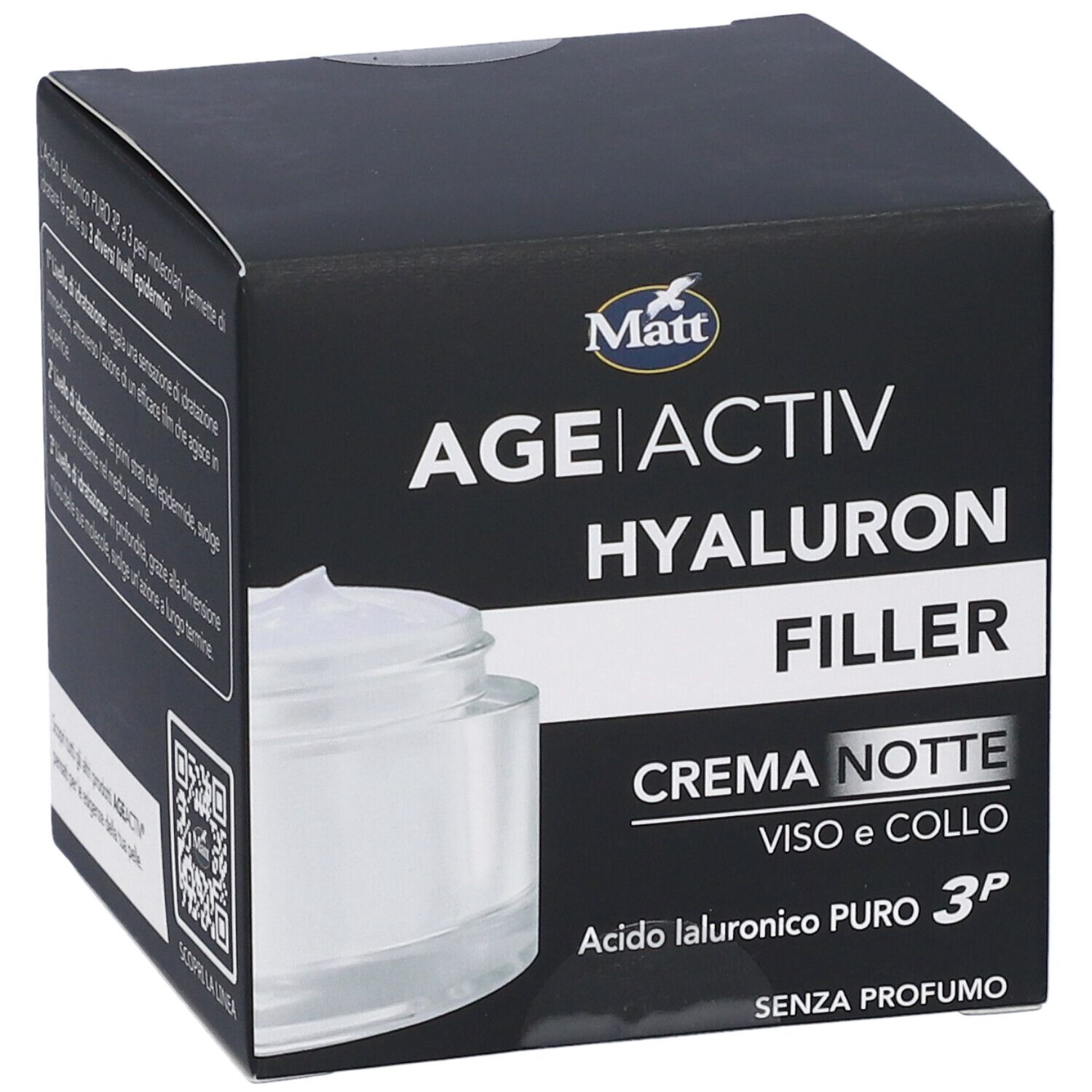 Confezione Matt Age Activ Hyaluron Filler Crema Notte con illustrazione del prodotto.