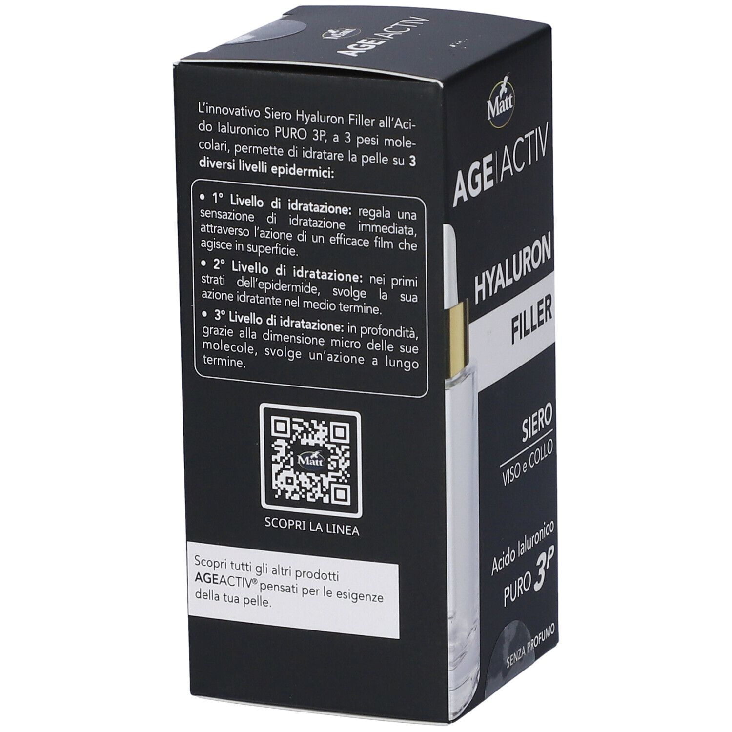 Confezione Matt Age Activ Hyaluron Filler Siero retro con istruzioni per l'uso e codice QR.