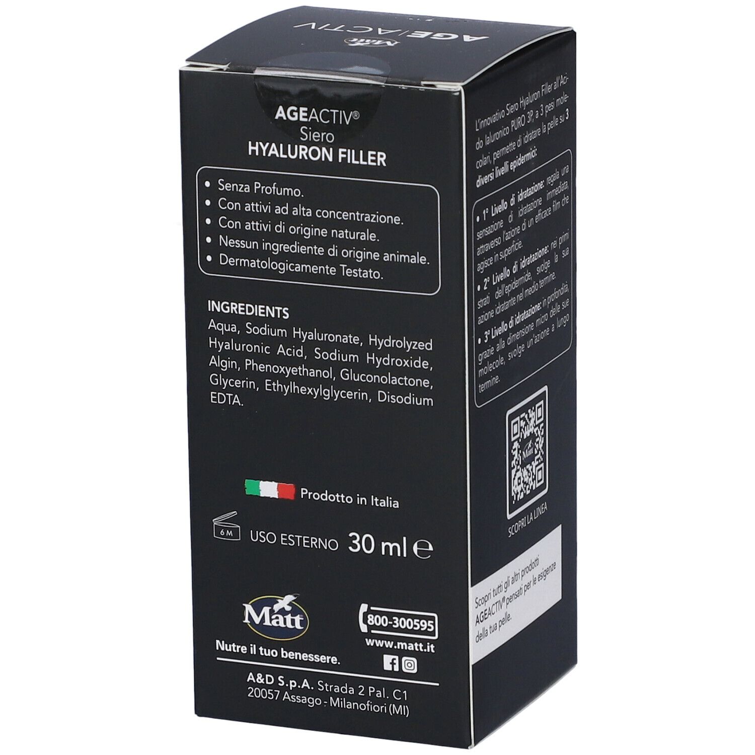 Confezione Matt Age Activ Hyaluron Filler Siero lato con ingredienti e informazioni sul prodotto.