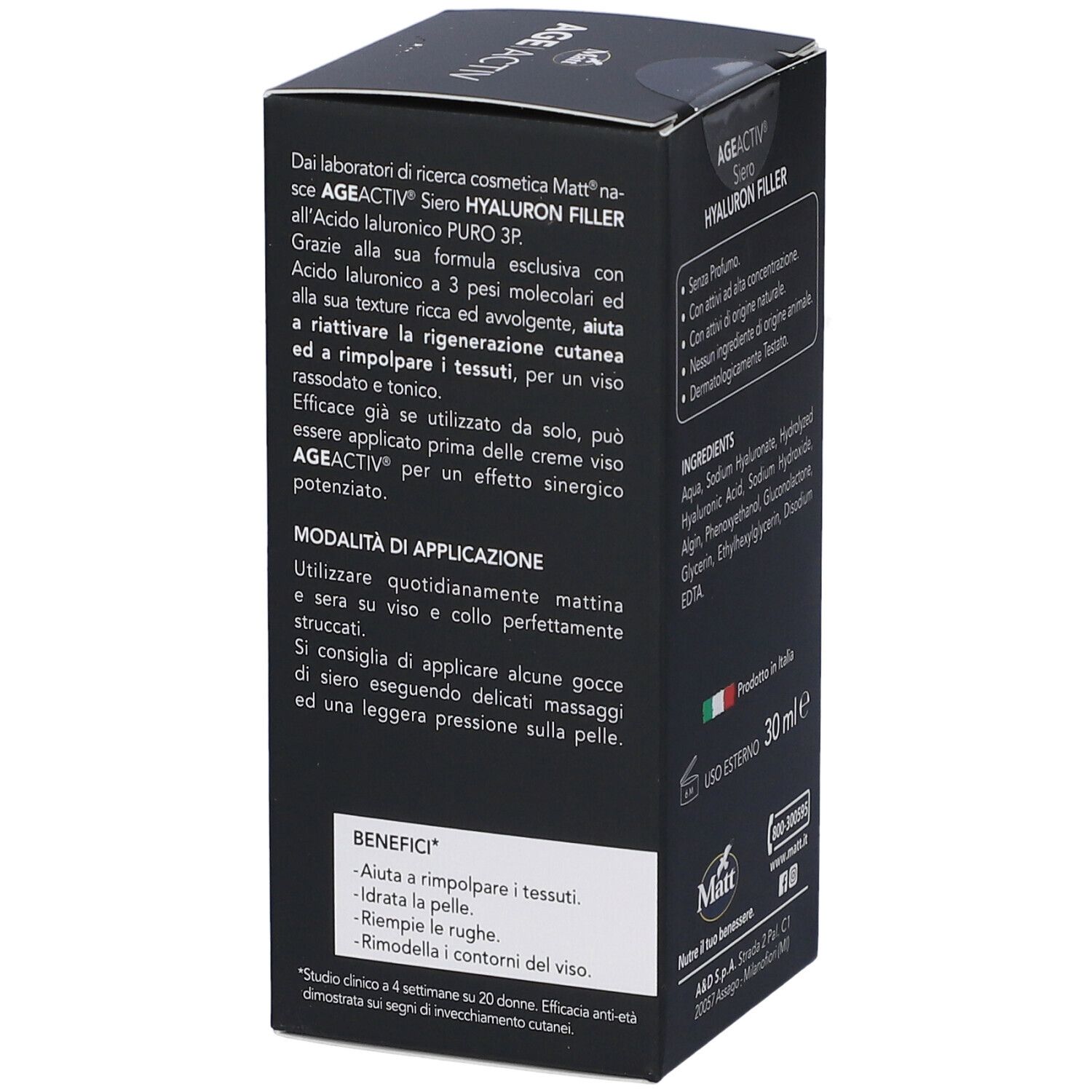 Confezione Matt Age Activ Hyaluron Filler Siero lato con benefici prodotto e istruzioni per l'uso.