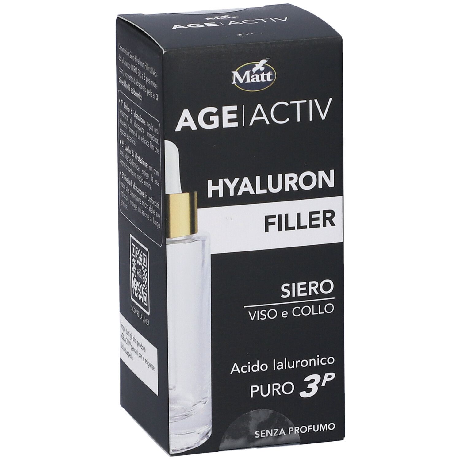 Confezione Matt Age Activ Hyaluron Filler Siero con contagocce. Per viso e collo.