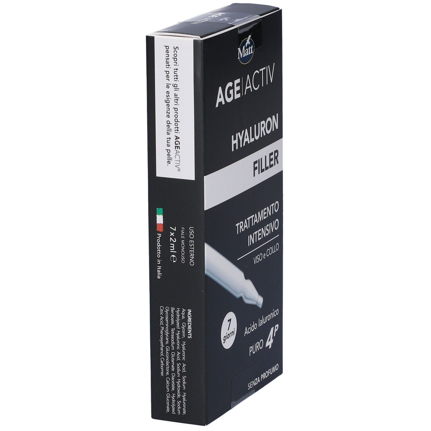 Confezione Matt Age Activ Hyaluron Filler con ingredienti e istruzioni.