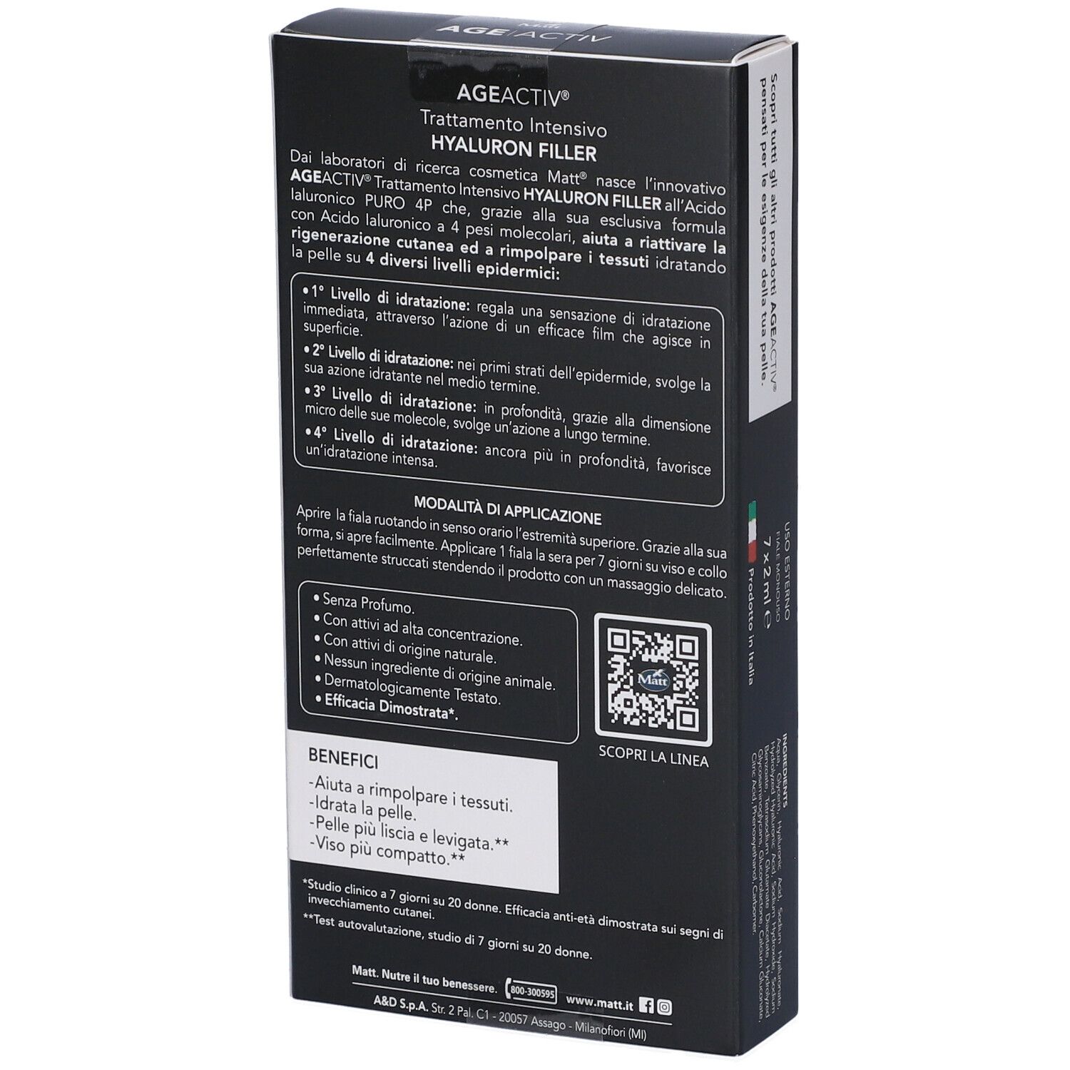 Retro della confezione Matt Age Activ Hyaluron Filler con descrizione e benefici.