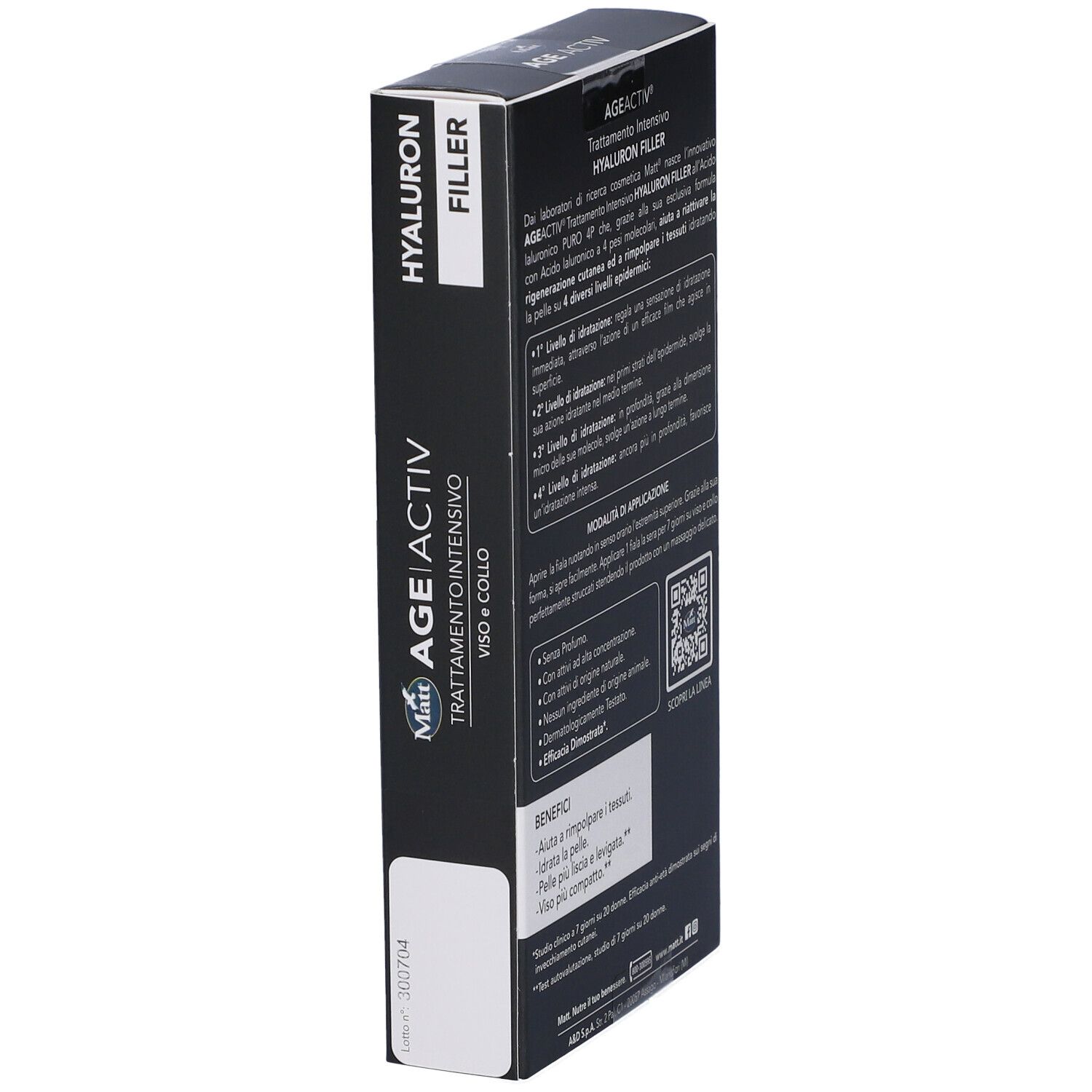 Confezione Matt Age Activ Hyaluron Filler, vista laterale con informazioni prodotto.