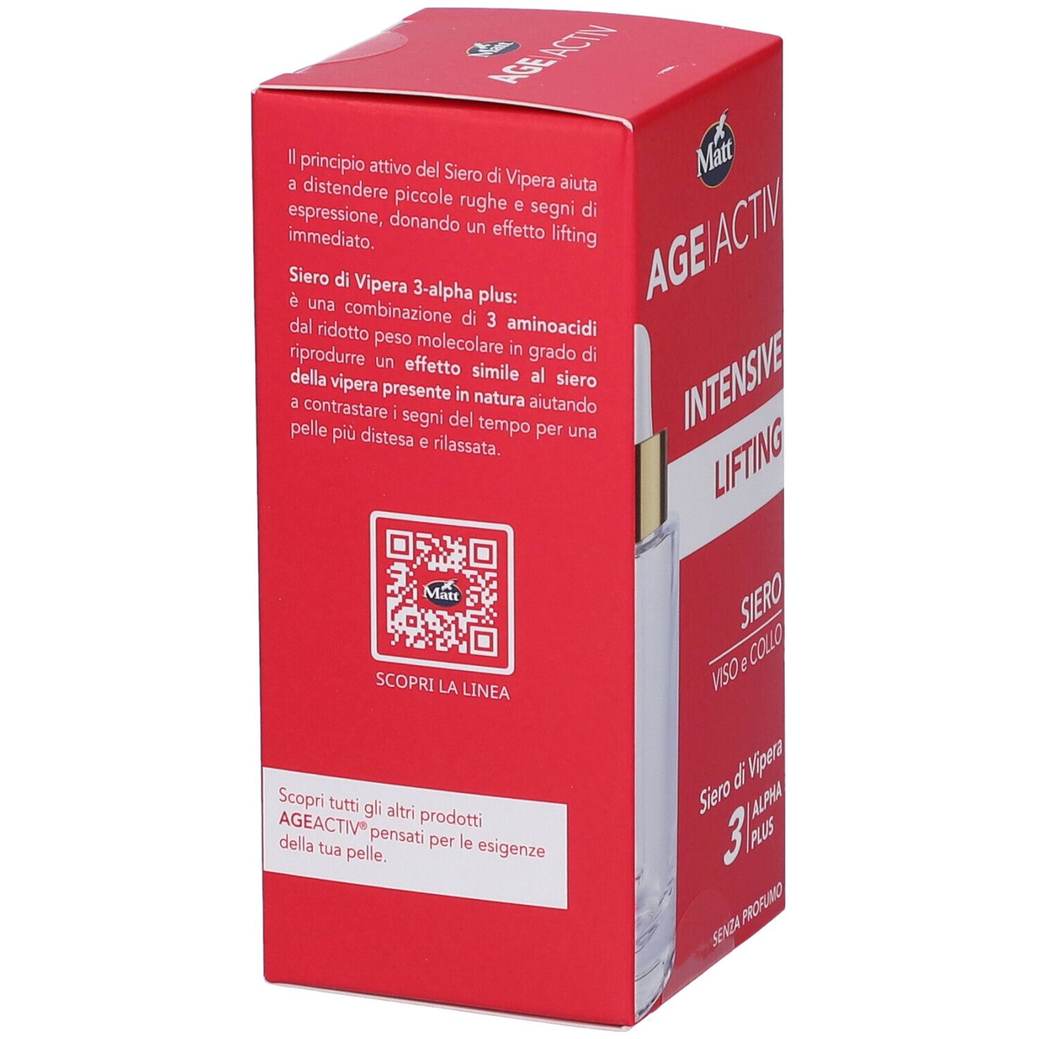 Matt Age Activ Intensive Lifting Siero: confezione rossa con informazioni dettagliate sul prodotto e codice QR.