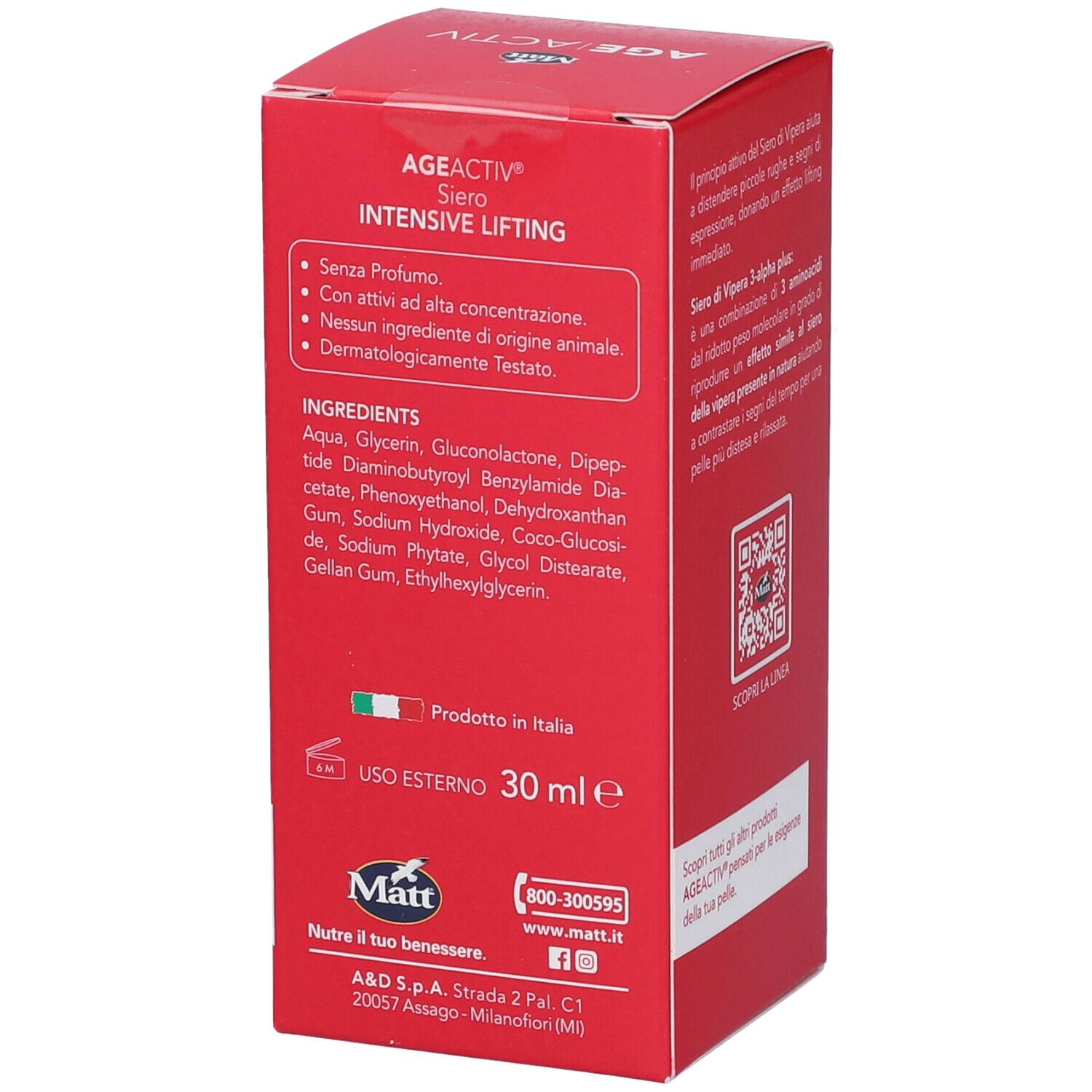 Matt Age Activ Intensive Lifting Siero: confezione rossa, retro con ingredienti, volume e sigilli.