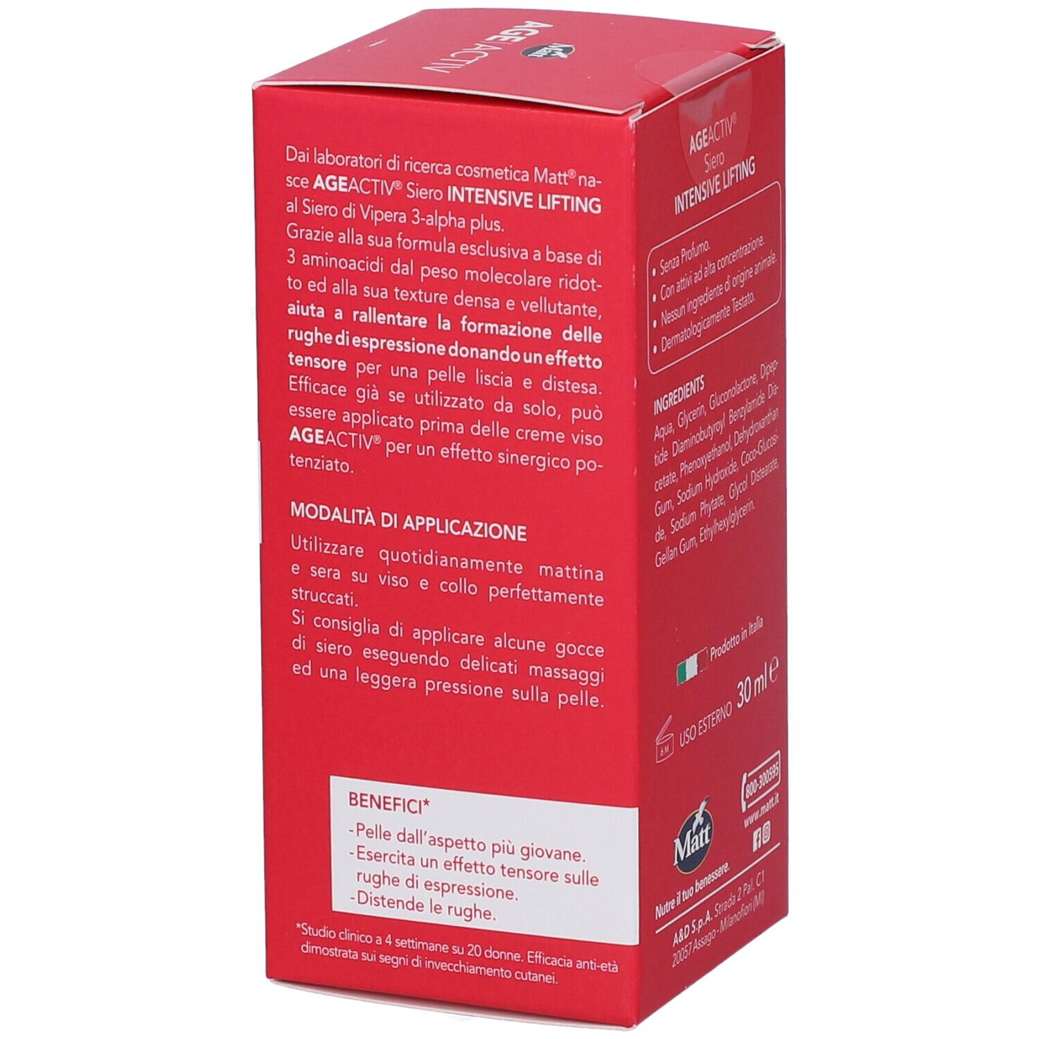 Matt Age Activ Intensive Lifting Siero: confezione rossa, lato con descrizione del prodotto, applicazione e benefici.
