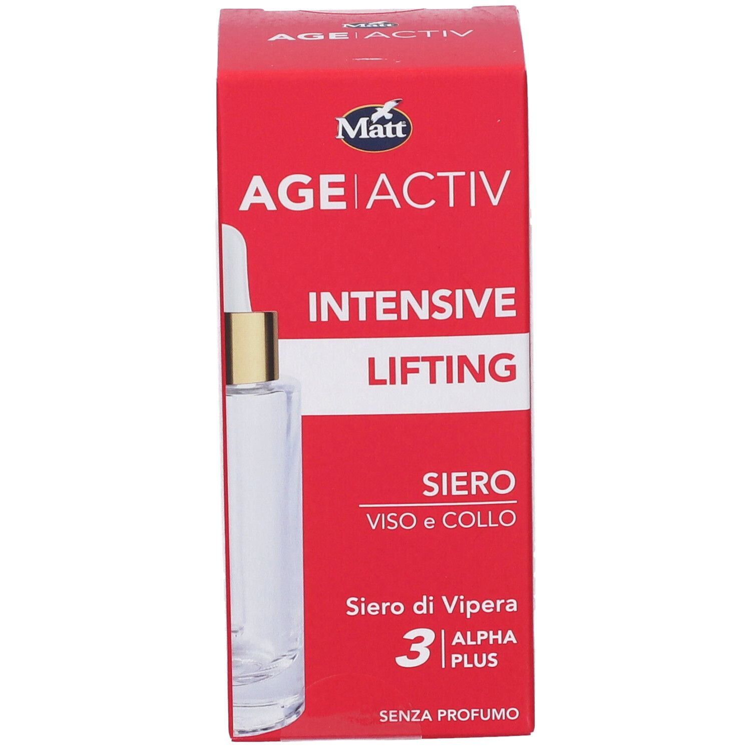 Matt Age Activ Intensive Lifting Siero: flacone con contagocce, confezione rossa con informazioni sul prodotto.