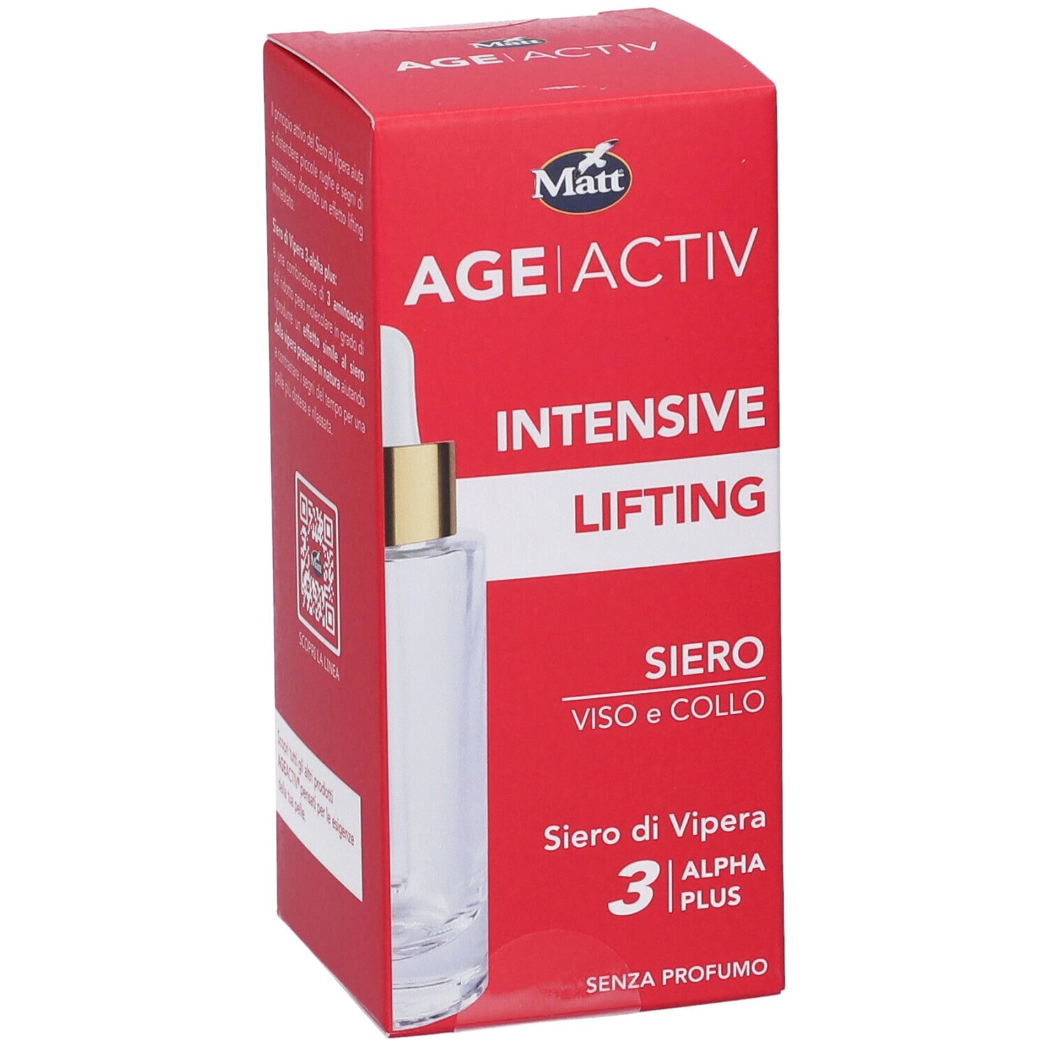 Matt Age Activ Intensive Lifting Siero: confezione rossa con illustrazione del prodotto e dettagli.