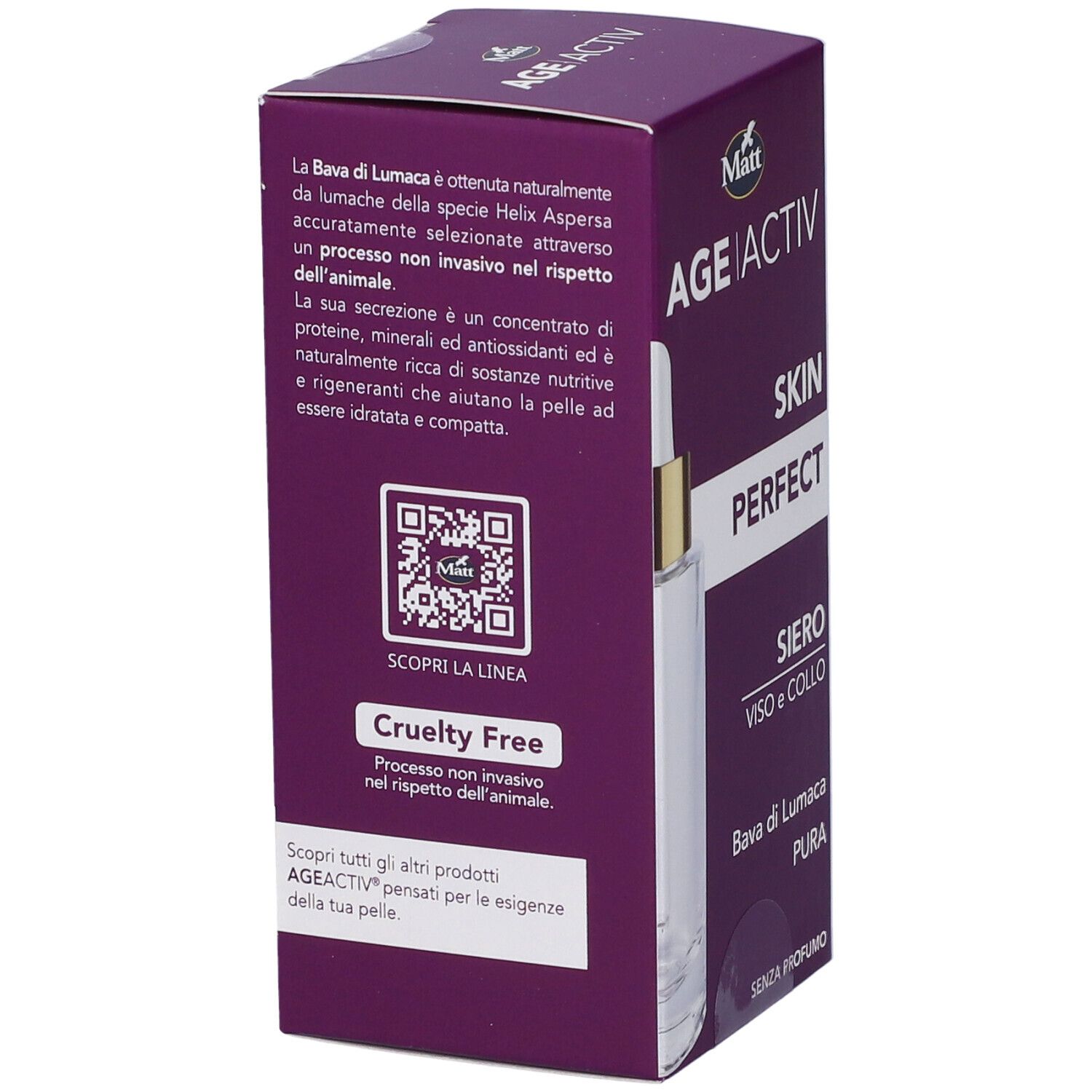 Retro della confezione Matt Age Activ Skin Perfect Siero Viso e Collo con informazioni e QR code.