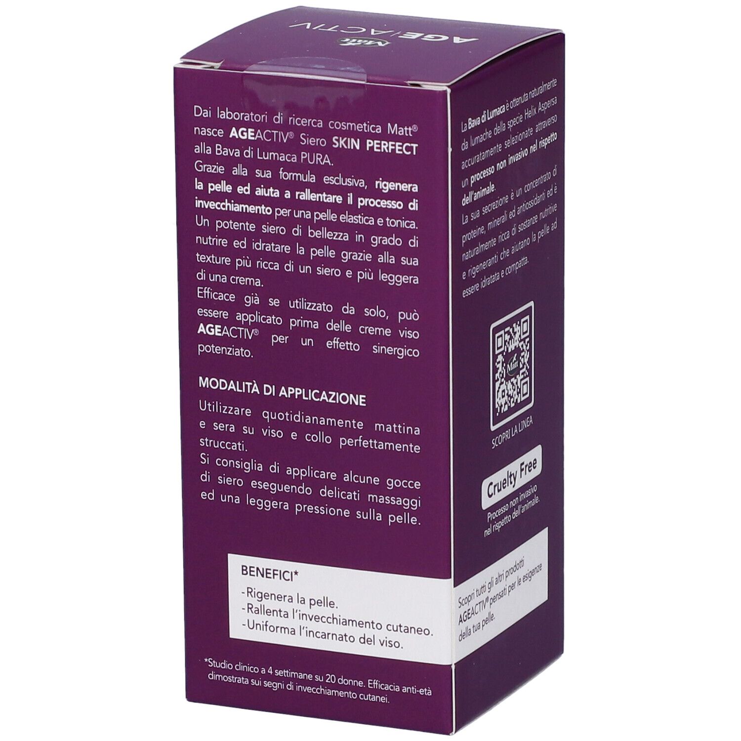 Vista laterale della confezione Matt Age Activ Skin Perfect Siero Viso e Collo con modalità d'uso.