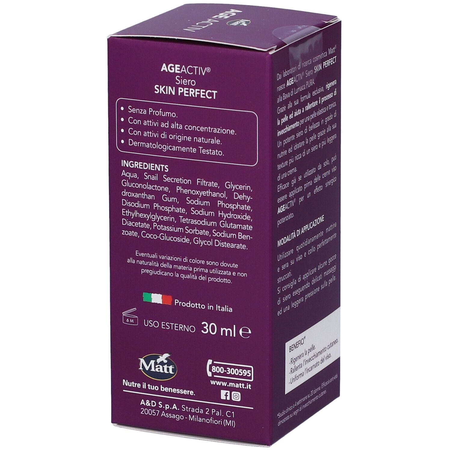 Confezione Matt Age Activ Skin Perfect Siero Viso e Collo con ingredienti e indicazione 30ml.
