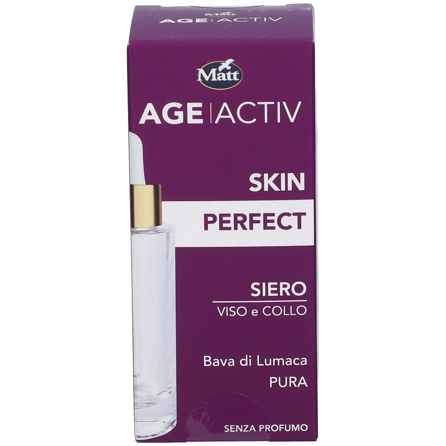 Matt Age Activ Skin Perfect Siero Viso e Collo, flaconcino da 30ml con contagocce e scatola viola.